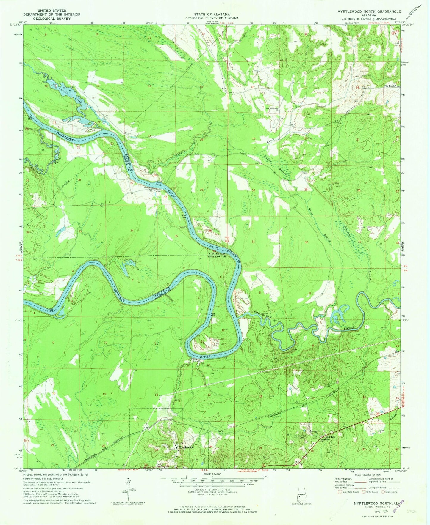 Classic USGS Myrtlewood North Alabama 7.5'x7.5' Topo Map Image