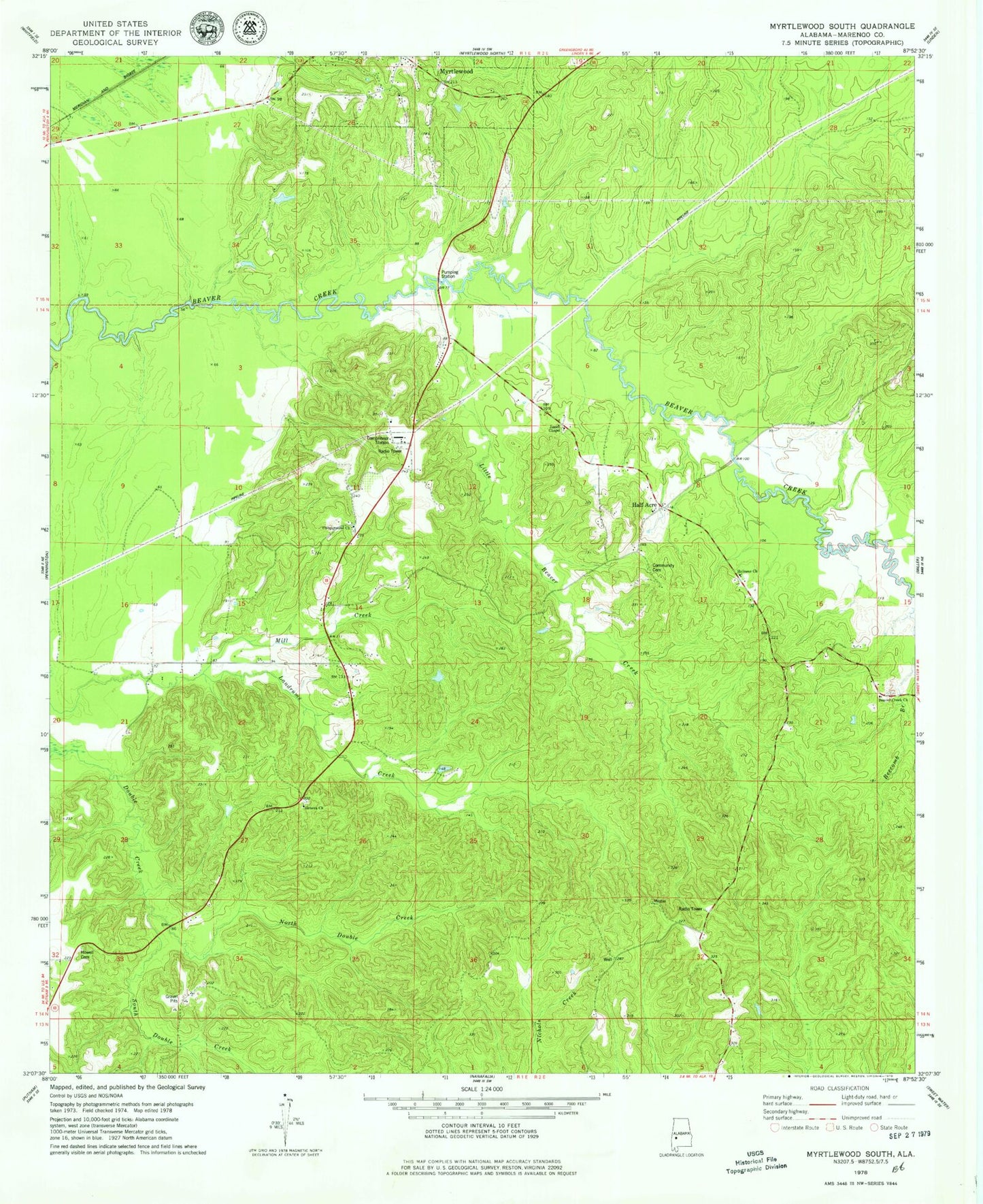 Classic USGS Myrtlewood South Alabama 7.5'x7.5' Topo Map Image