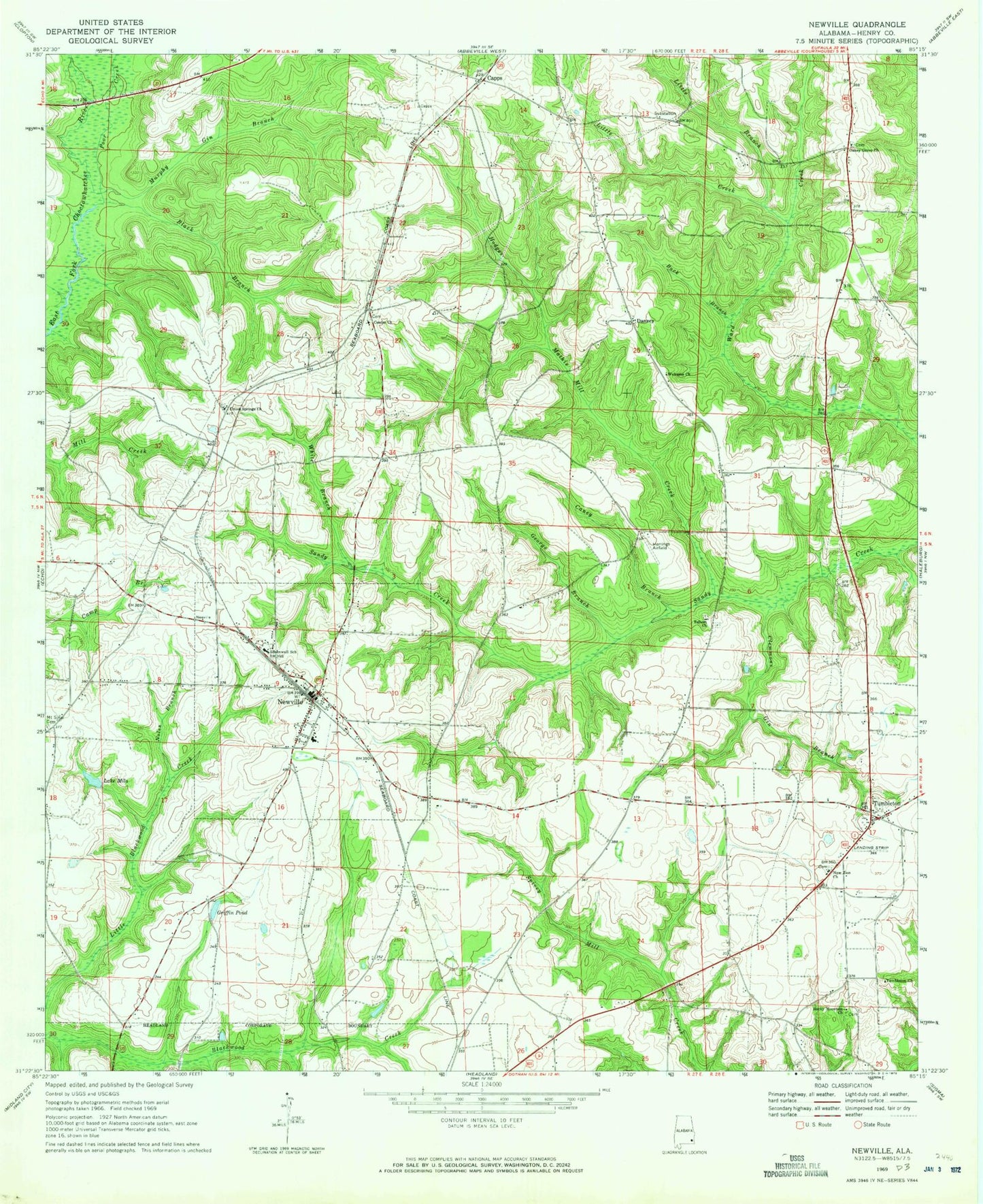 Classic USGS Newville Alabama 7.5'x7.5' Topo Map Image
