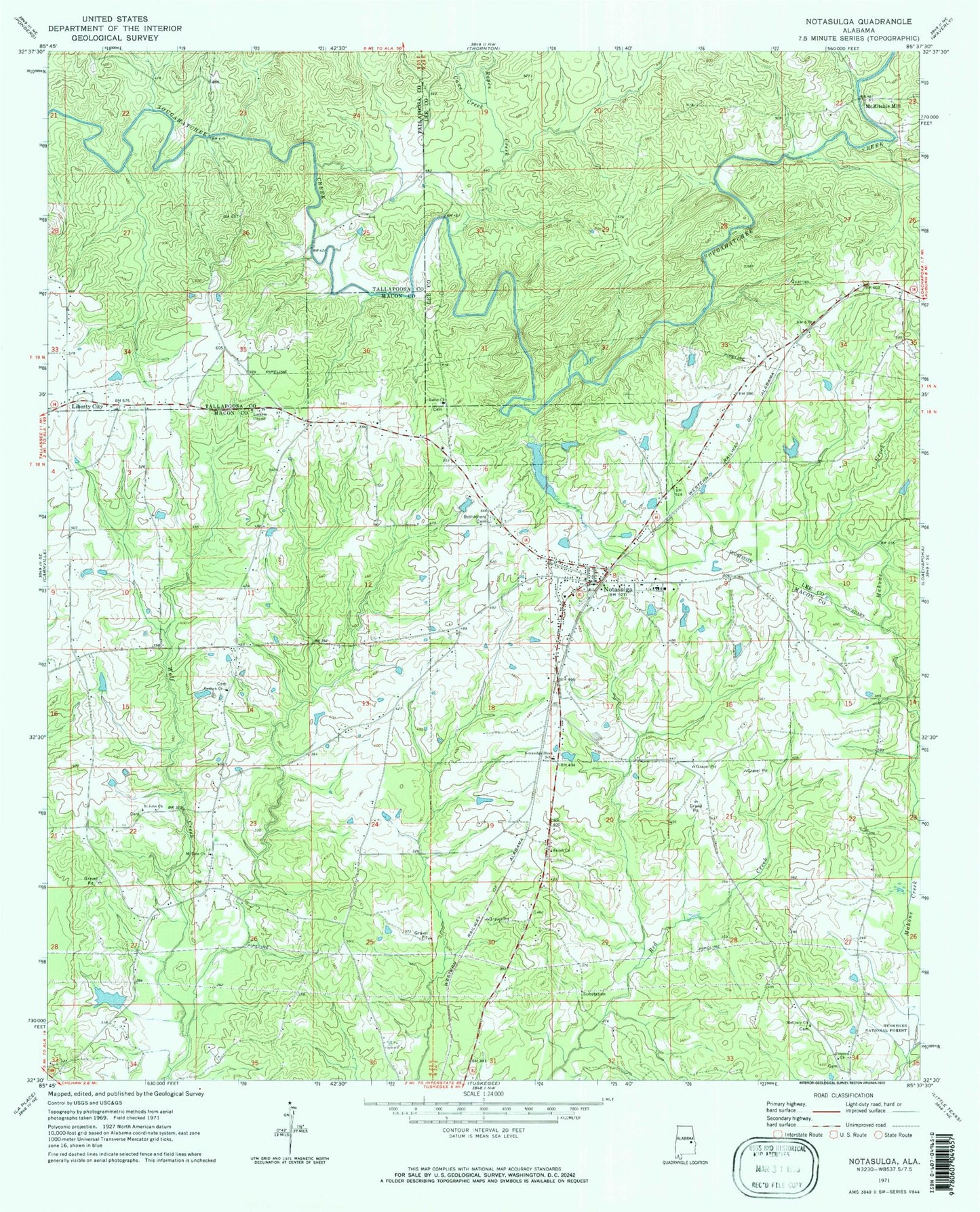 Classic USGS Notasulga Alabama 7.5'x7.5' Topo Map Image