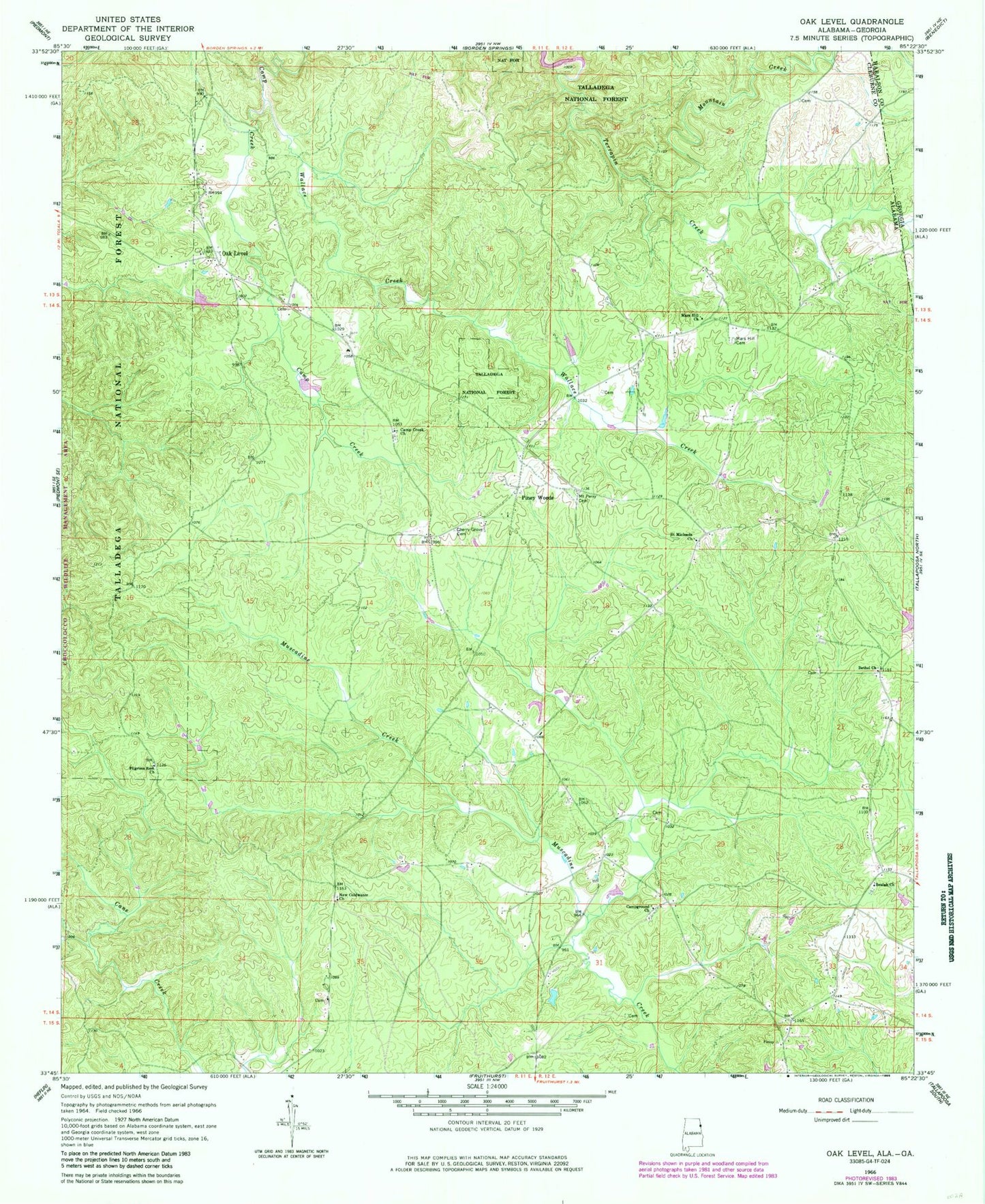 Classic USGS Oak Level Alabama 7.5'x7.5' Topo Map Image