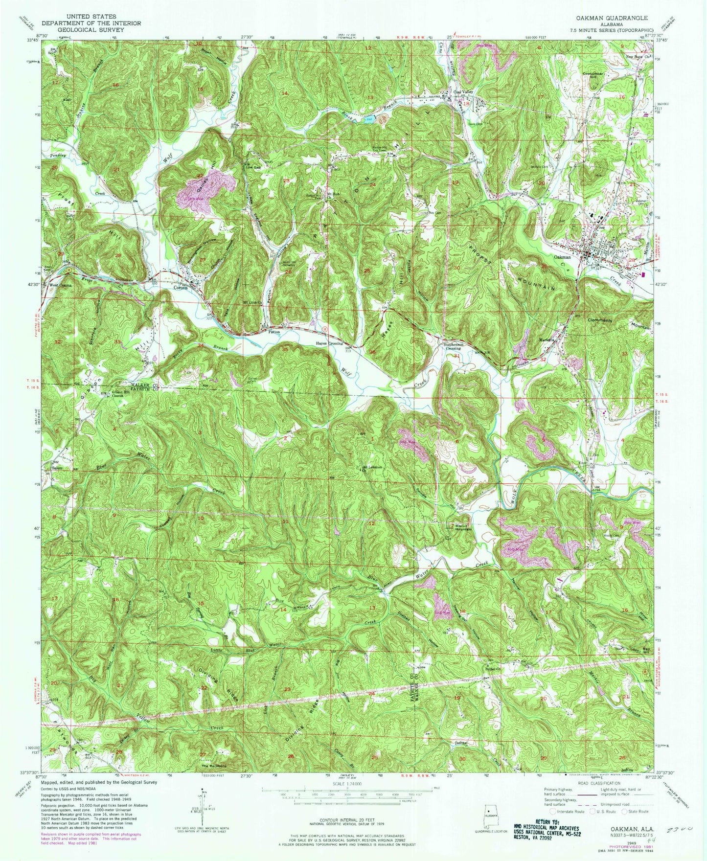 Classic USGS Oakman Alabama 7.5'x7.5' Topo Map Image