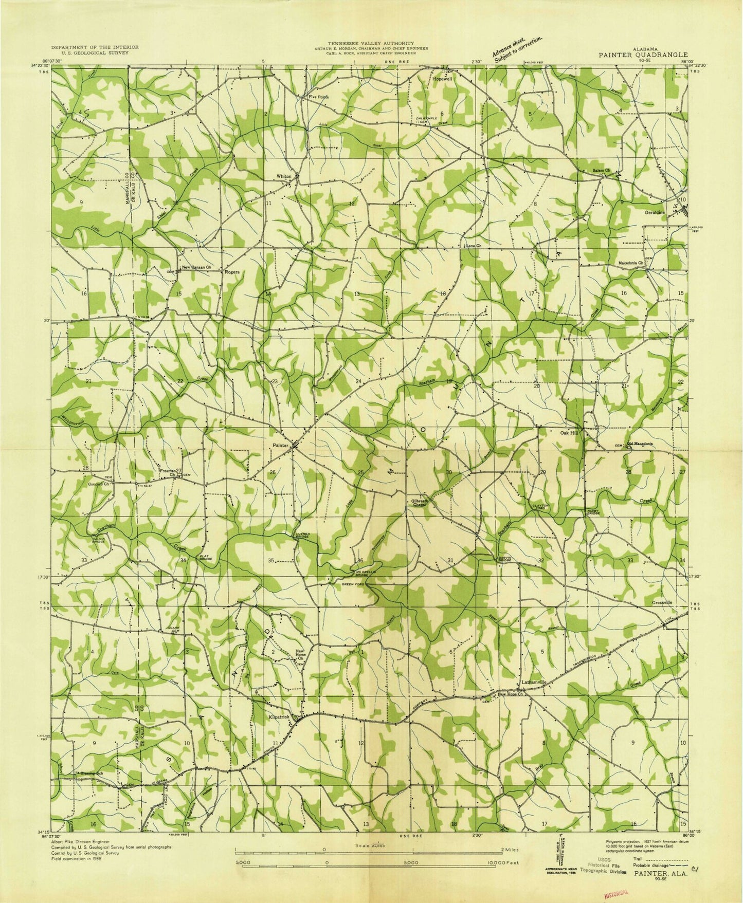 Classic USGS Painter Alabama 7.5'x7.5' Topo Map Image