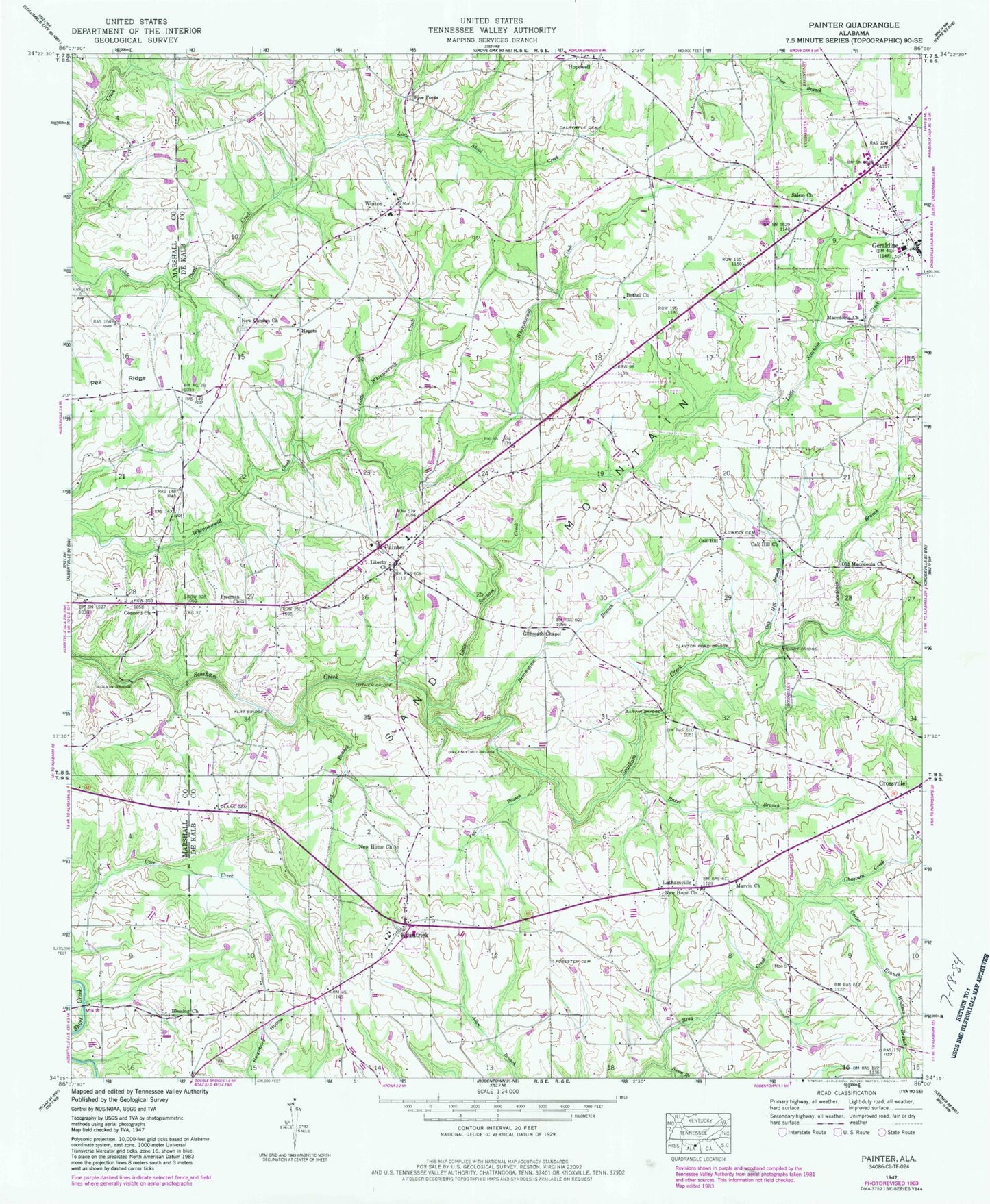 Classic USGS Painter Alabama 7.5'x7.5' Topo Map Image