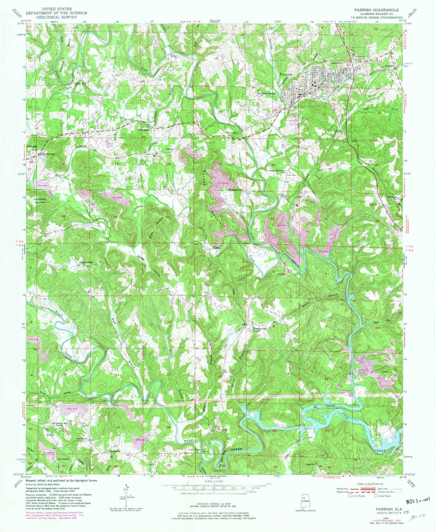 Classic USGS Parrish Alabama 7.5'x7.5' Topo Map Image