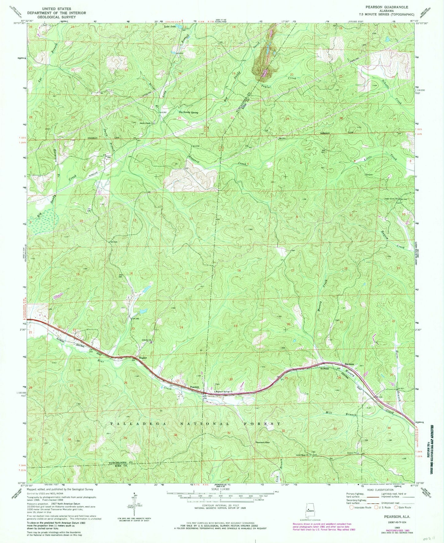 Classic USGS Pearson Alabama 7.5'x7.5' Topo Map Image