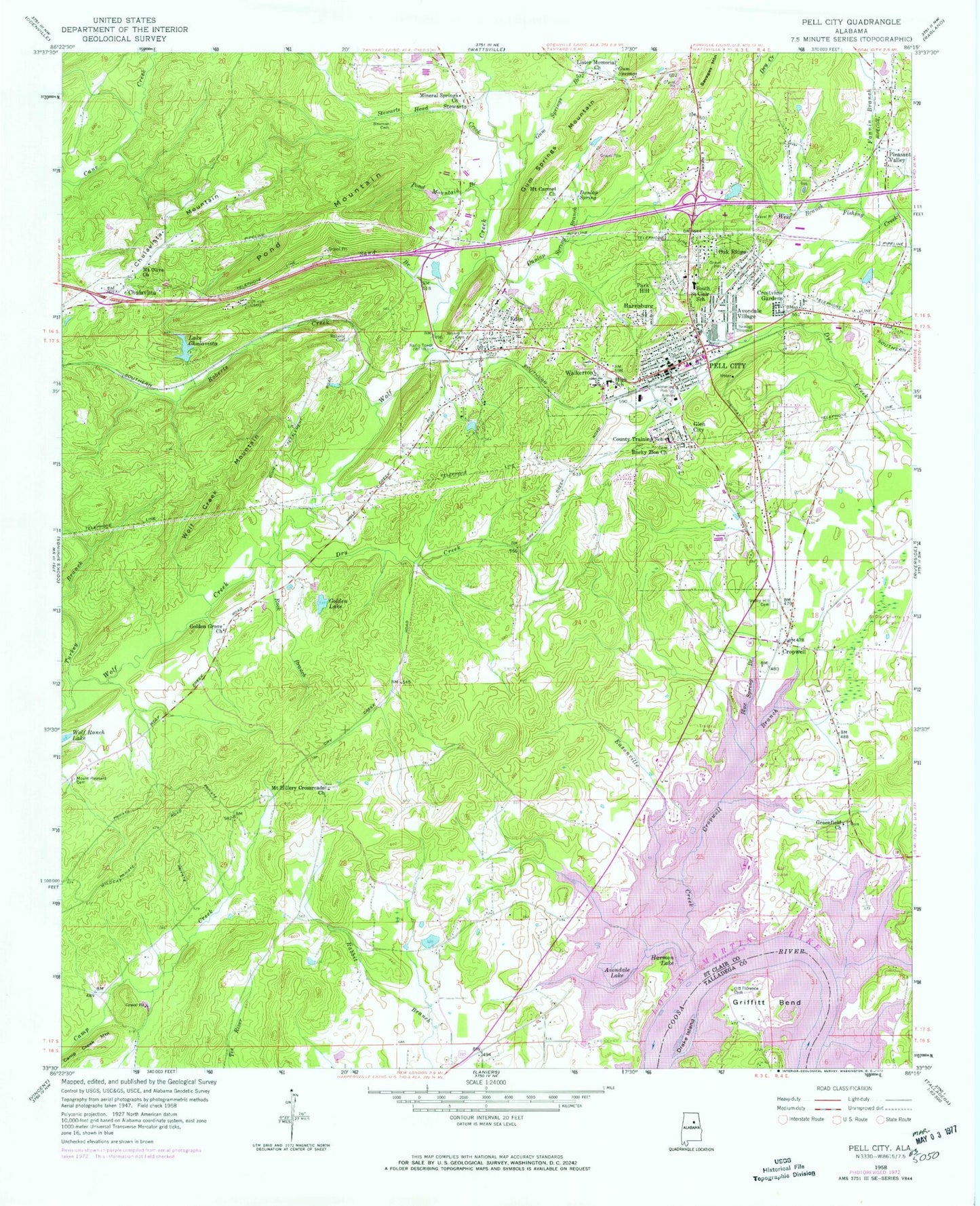 Classic USGS Pell City Alabama 7.5'x7.5' Topo Map Image