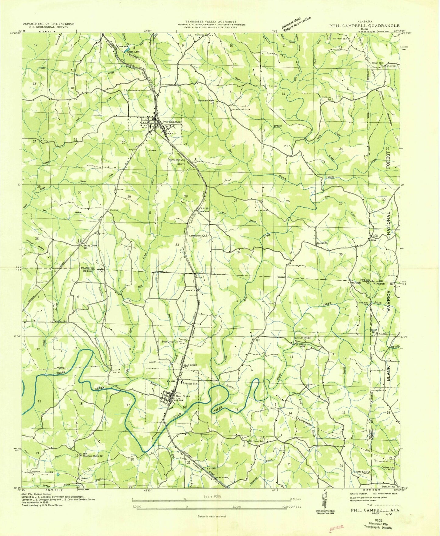 Classic USGS Phil Campbell Alabama 7.5'x7.5' Topo Map Image