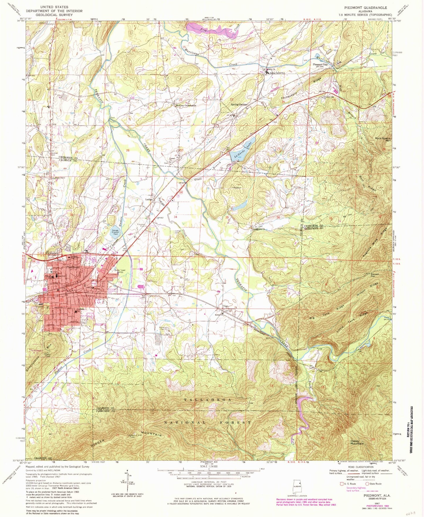 Classic USGS Piedmont Alabama 7.5'x7.5' Topo Map Image