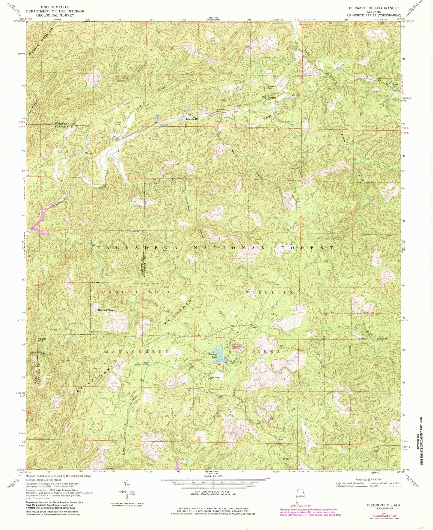 Classic USGS Piedmont SE Alabama 7.5'x7.5' Topo Map Image