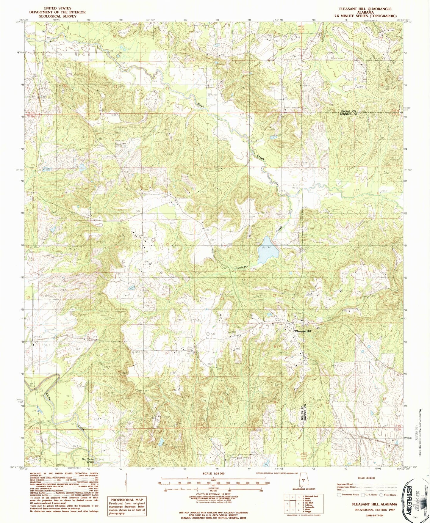 Classic USGS Pleasant Hill Alabama 7.5'x7.5' Topo Map Image
