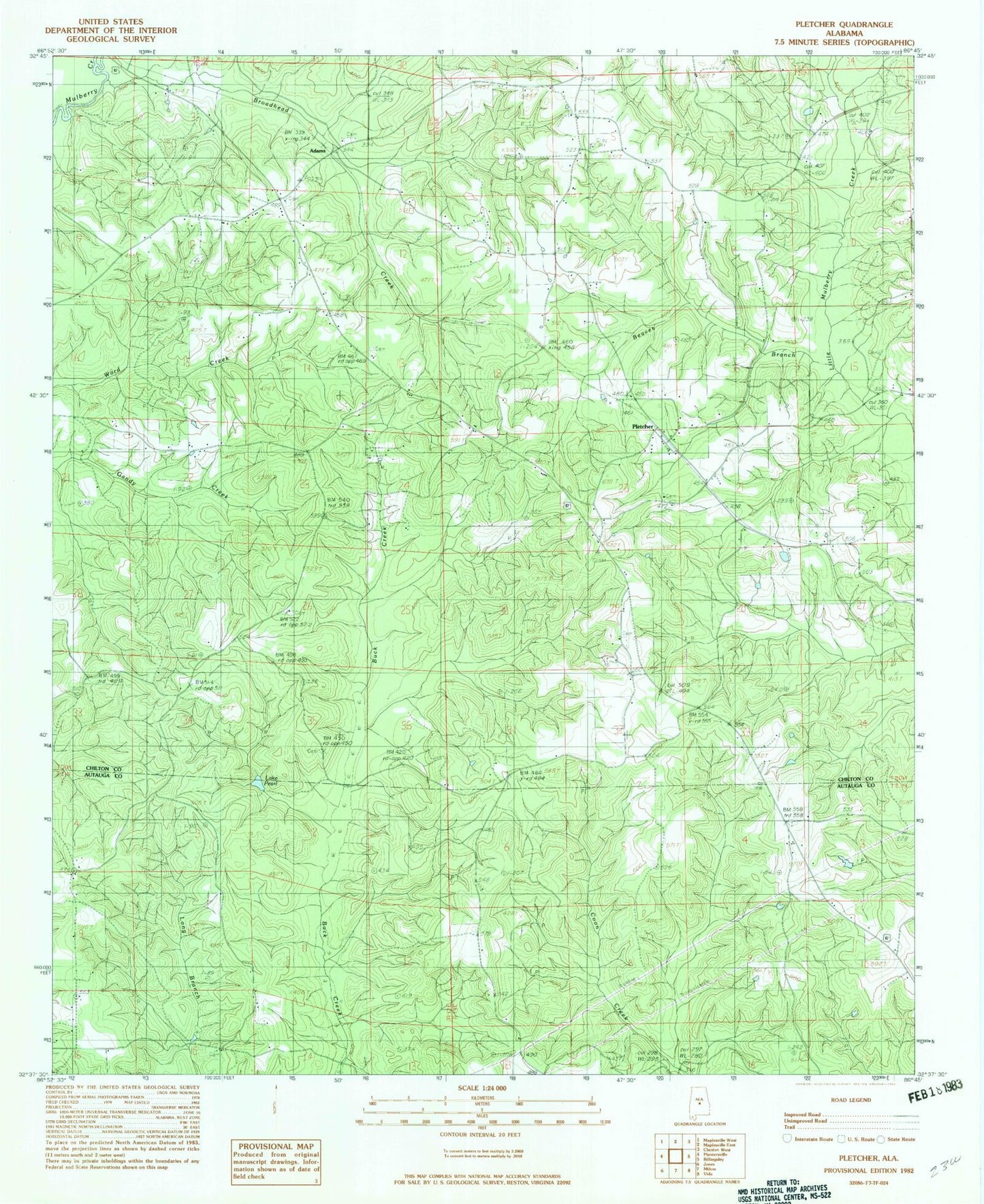 Classic USGS Pletcher Alabama 7.5'x7.5' Topo Map Image