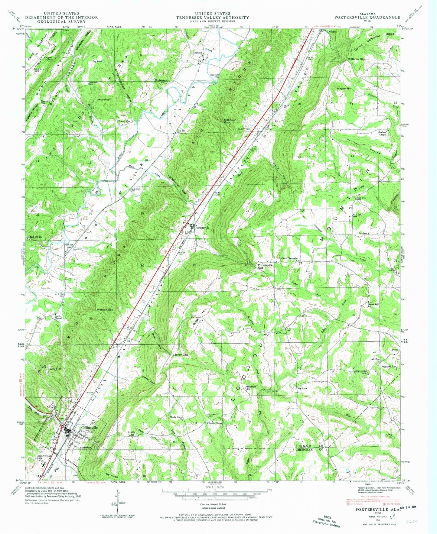 Classic USGS Portersville Alabama 7.5'x7.5' Topo Map Image