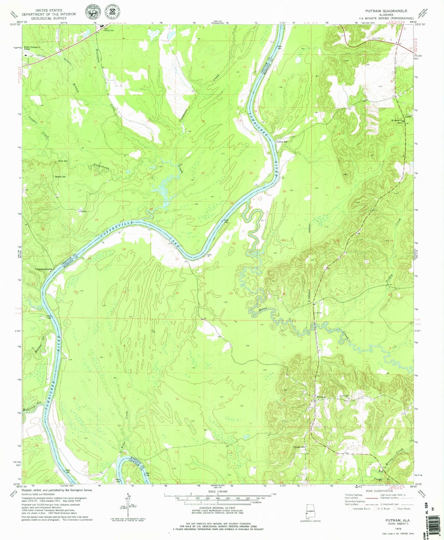 Classic USGS Putnam Alabama 7.5'x7.5' Topo Map Image