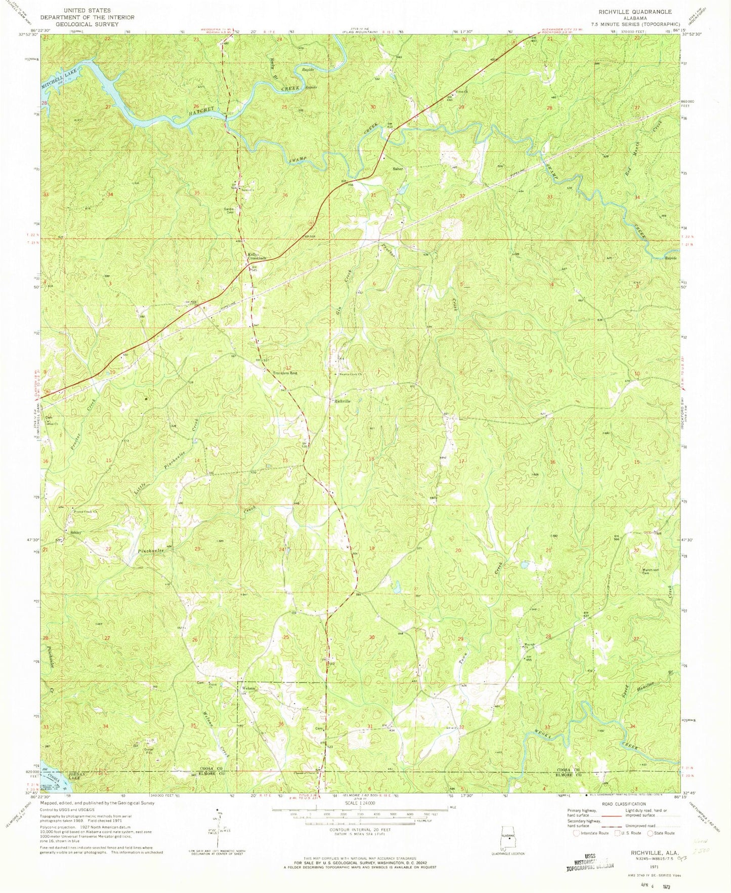Classic USGS Richville Alabama 7.5'x7.5' Topo Map Image