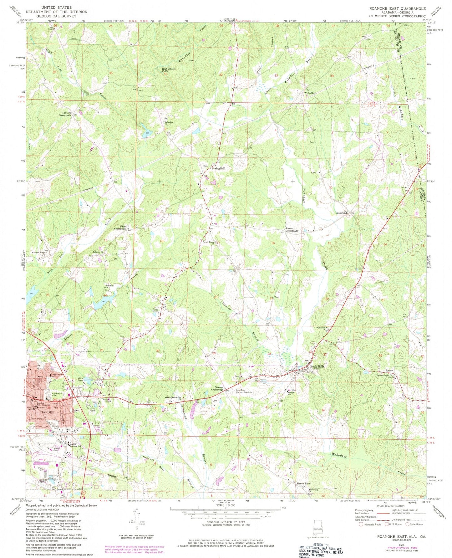 Classic USGS Roanoke East Alabama 7.5'x7.5' Topo Map Image