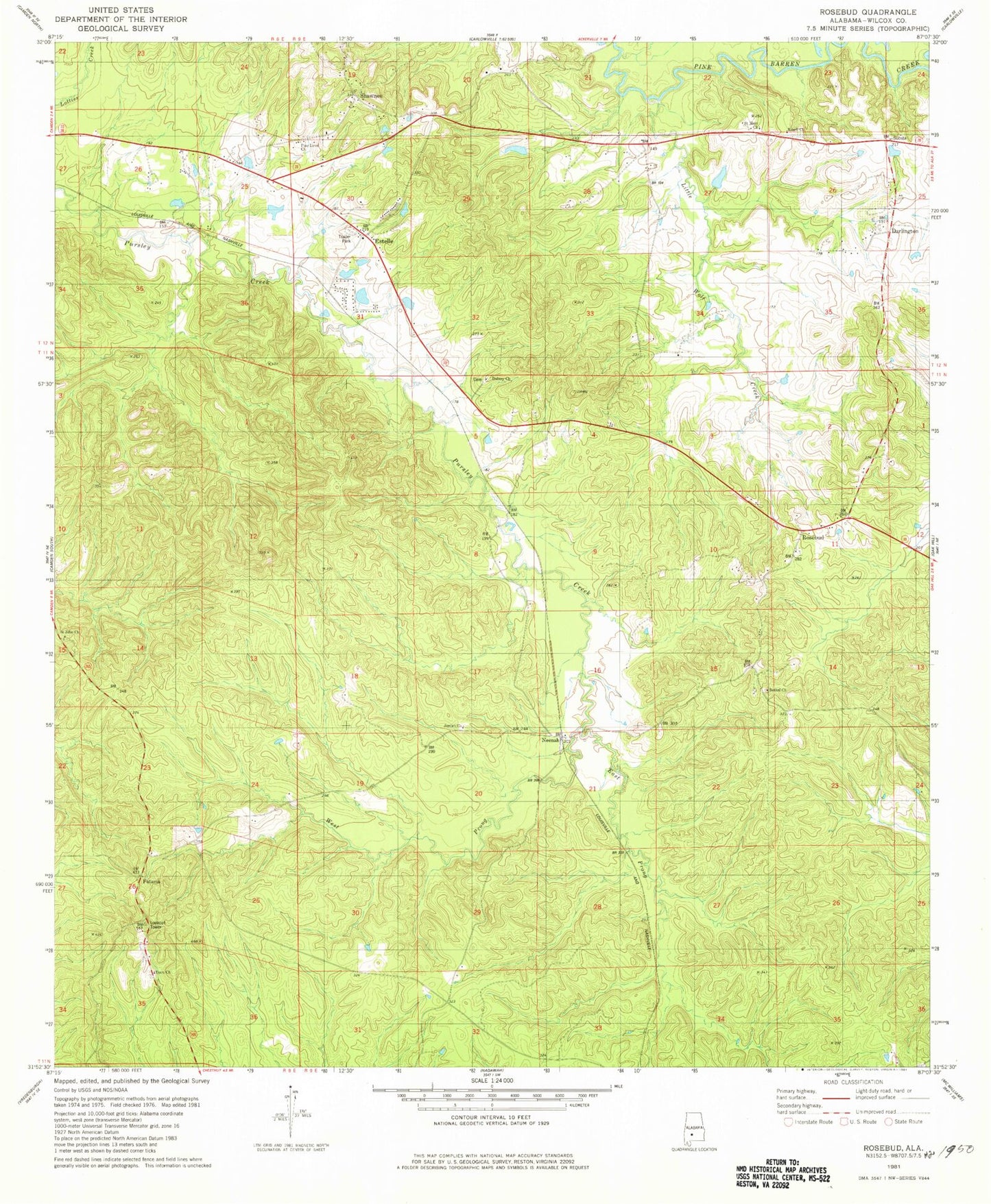 Classic USGS Rosebud Alabama 7.5'x7.5' Topo Map Image