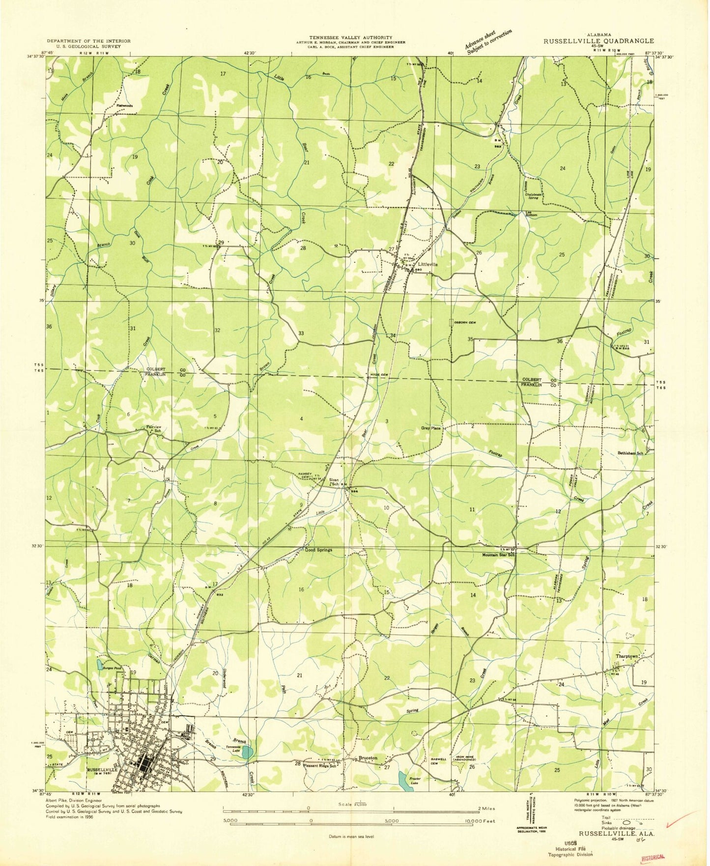 Classic USGS Russellville Alabama 7.5'x7.5' Topo Map Image