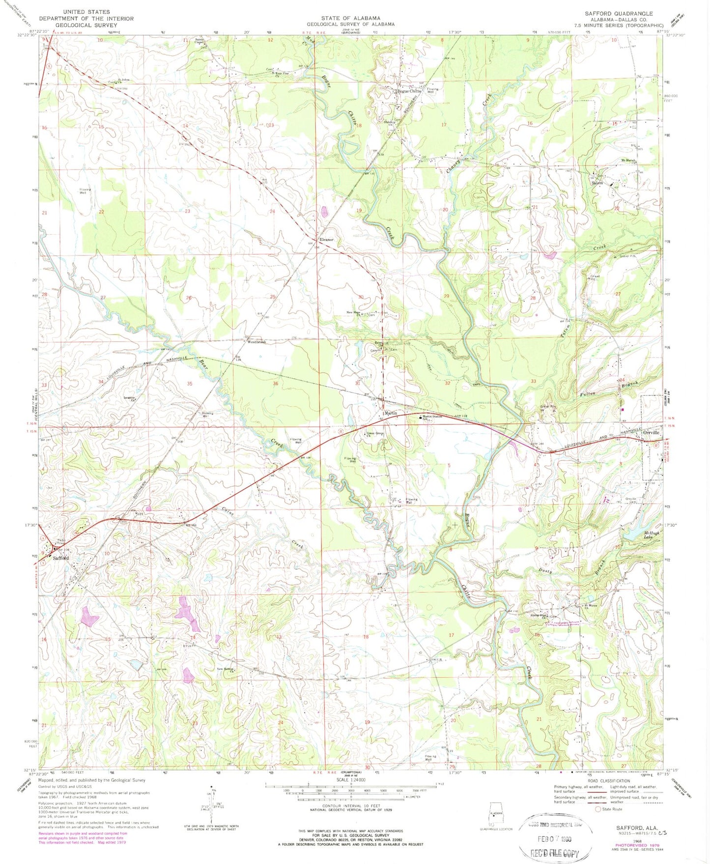 Classic USGS Safford Alabama 7.5'x7.5' Topo Map Image