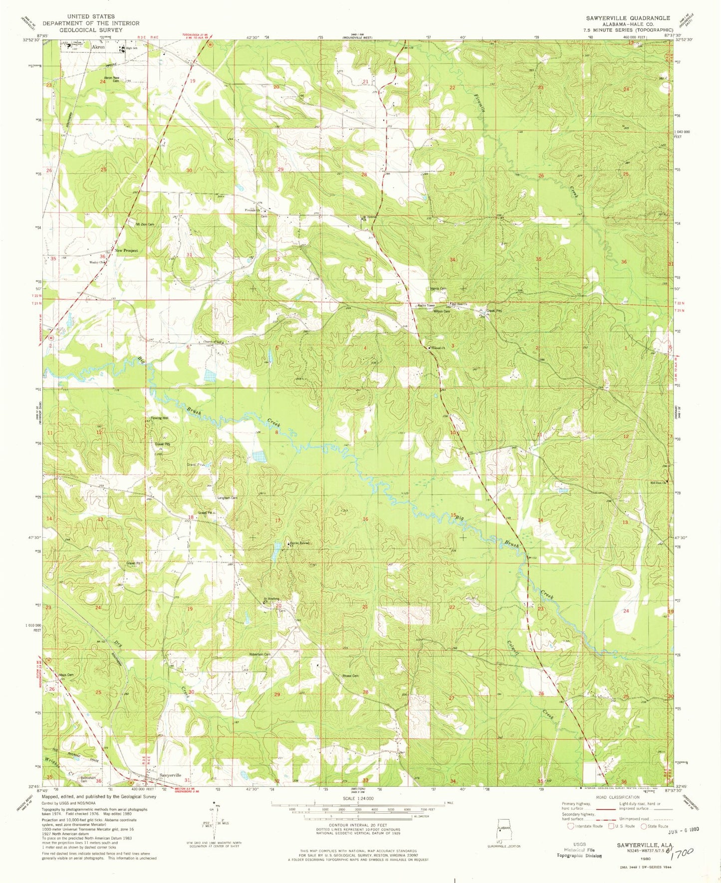 Classic USGS Sawyerville Alabama 7.5'x7.5' Topo Map Image