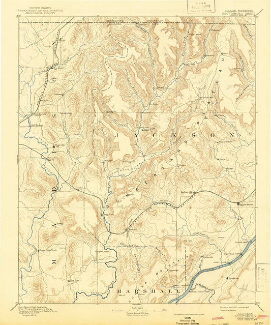 Historic 1892 Scottsboro Alabama 30'x30' Topo Map Image