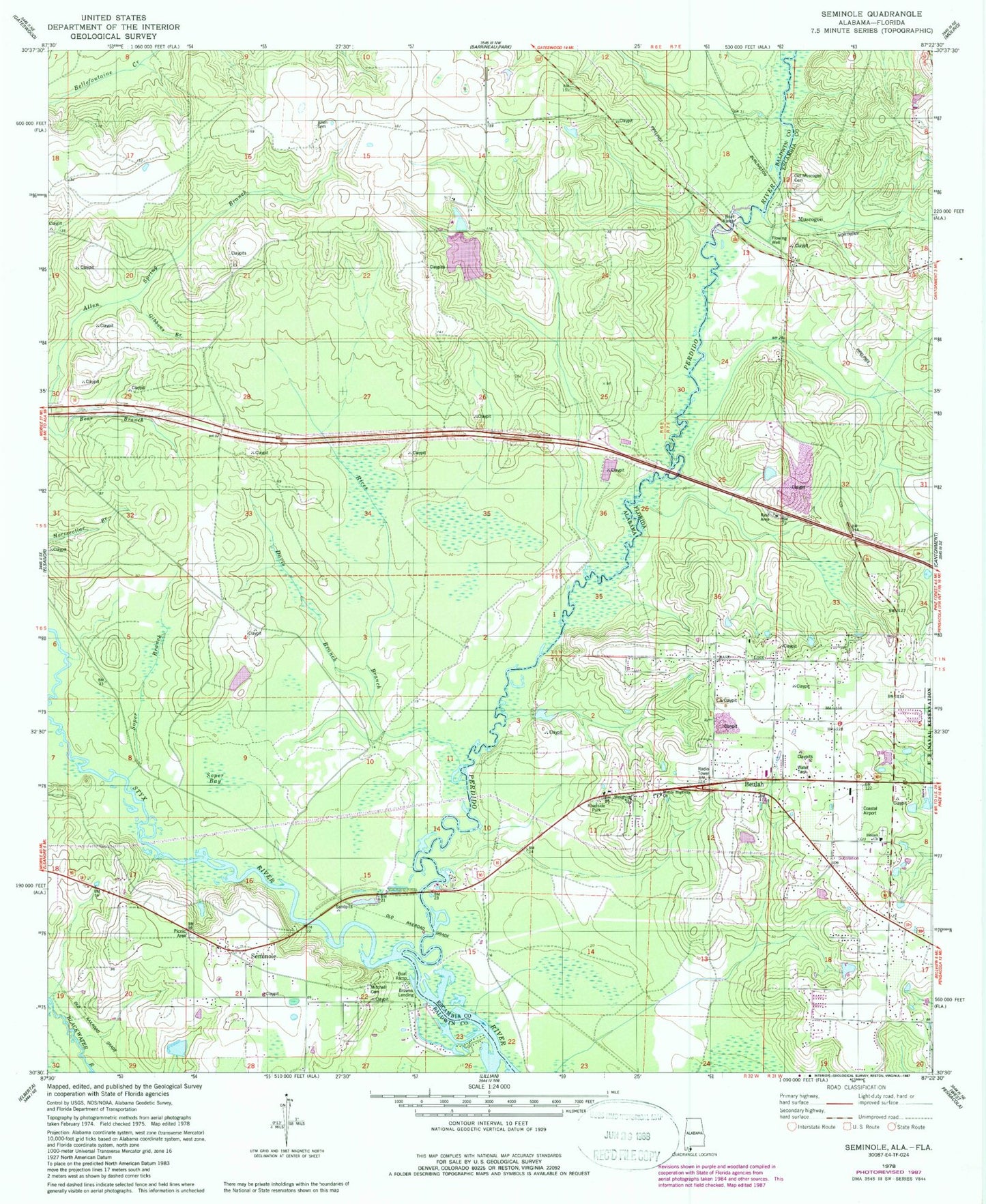 Classic USGS Seminole Alabama 7.5'x7.5' Topo Map Image