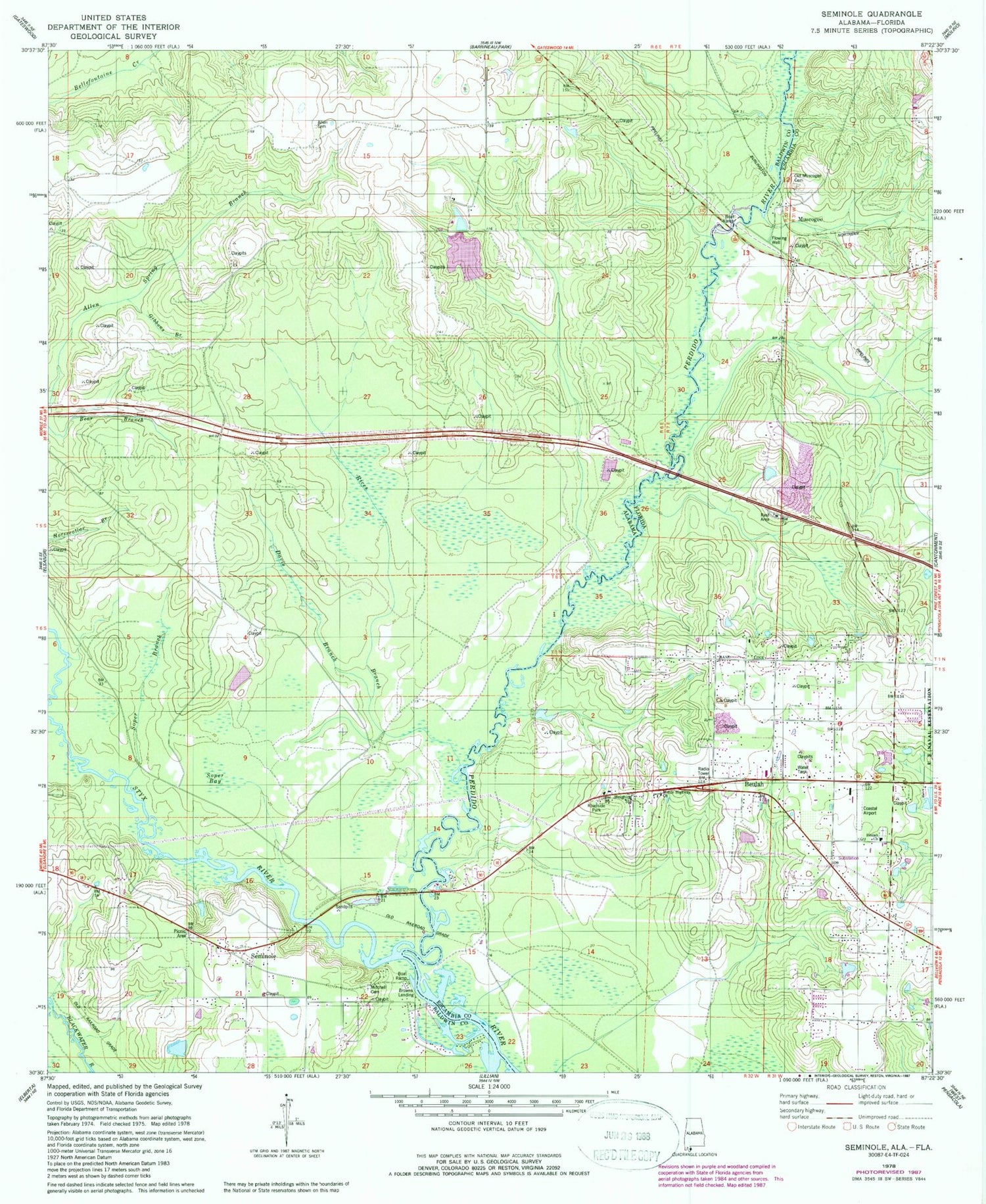 Classic USGS Seminole Alabama 7.5'x7.5' Topo Map Image