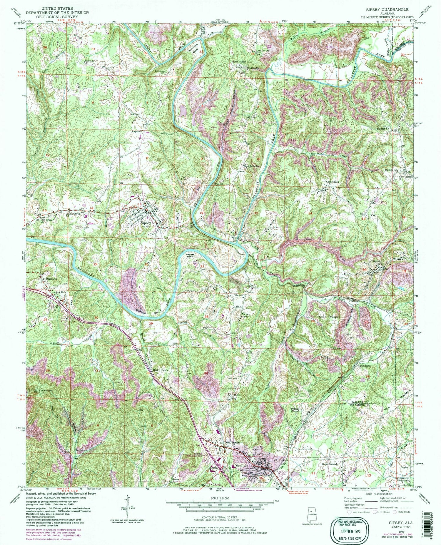 Classic USGS Sipsey Alabama 7.5'x7.5' Topo Map Image