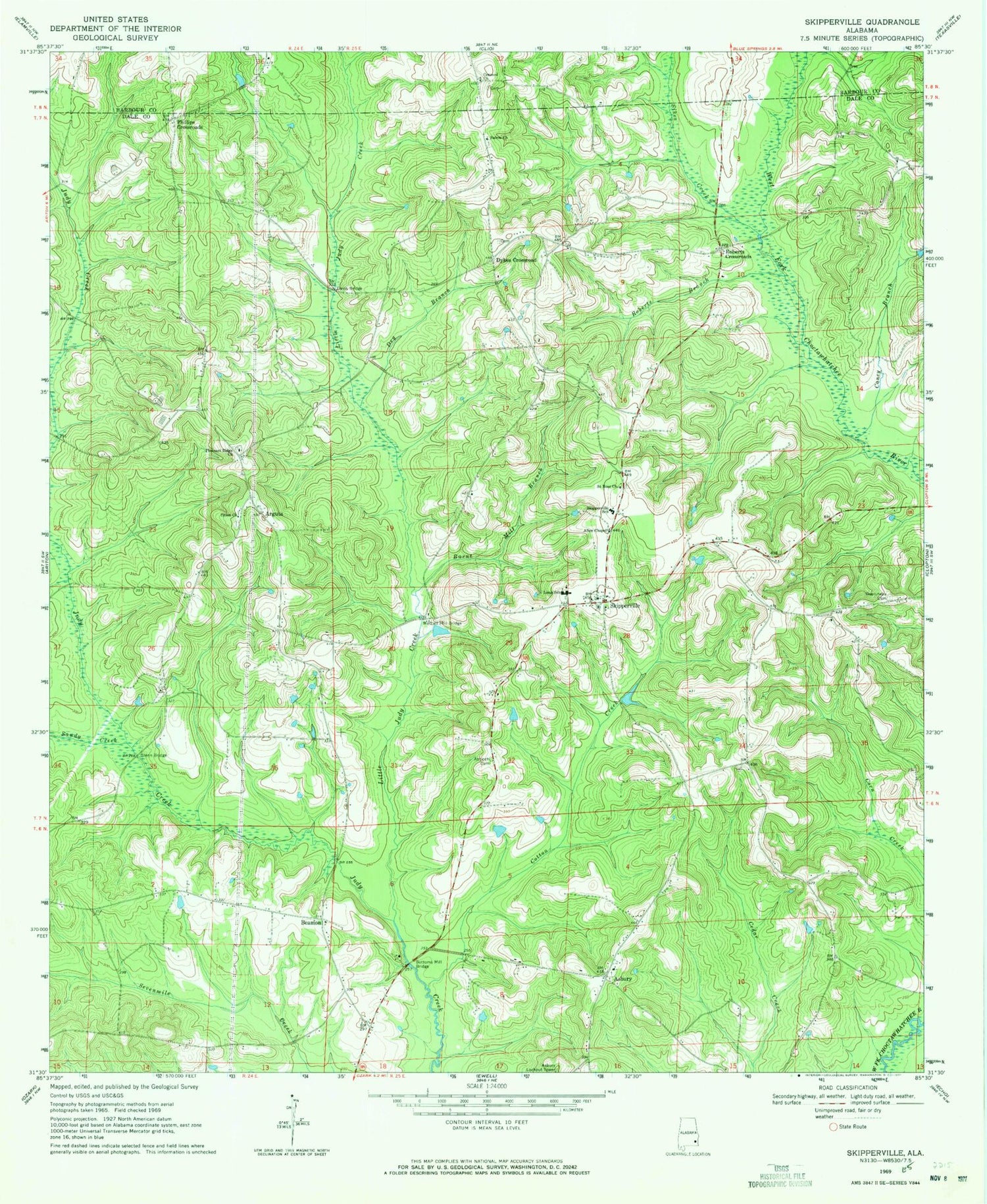 Classic USGS Skipperville Alabama 7.5'x7.5' Topo Map Image