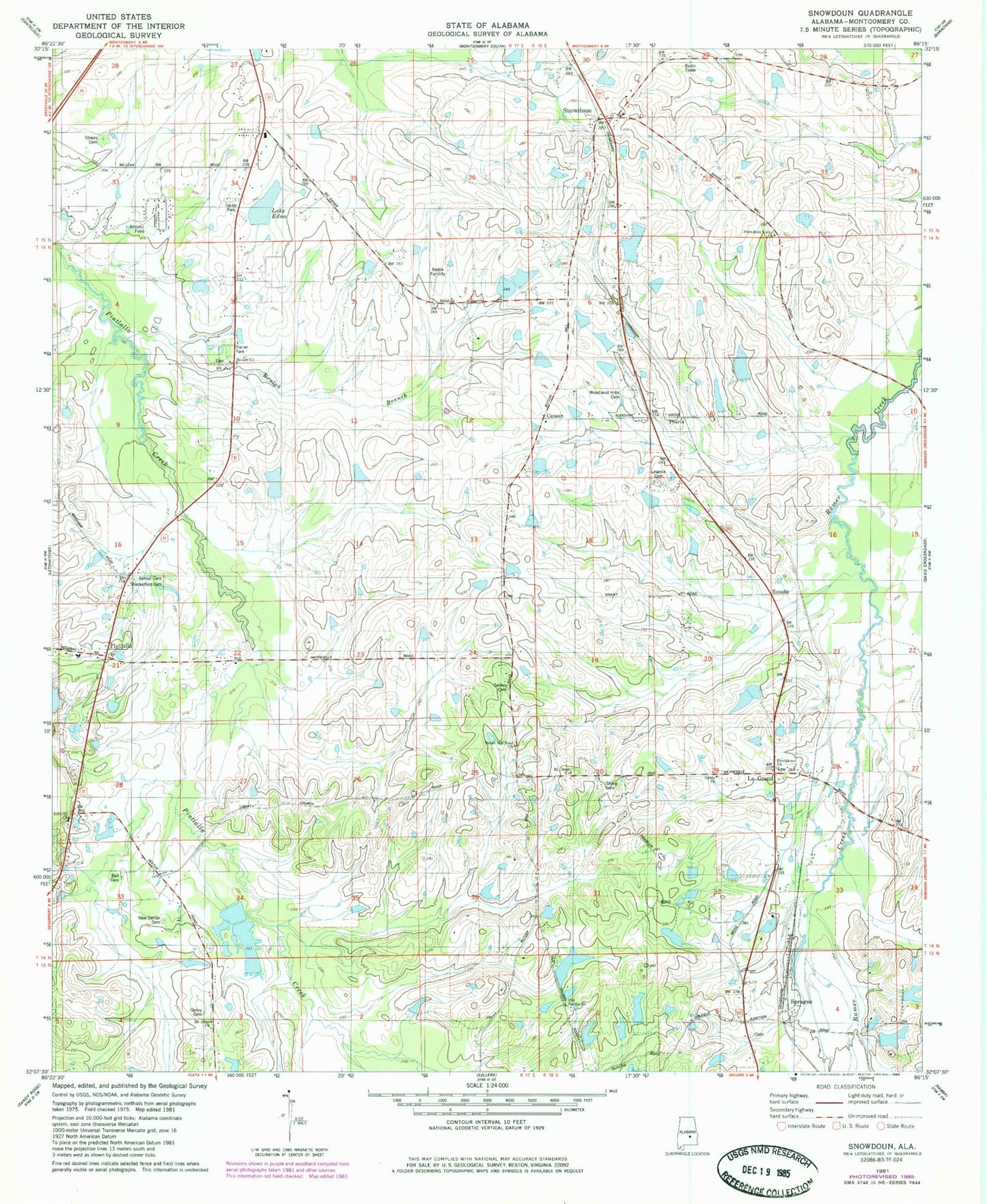 Classic USGS Snowdoun Alabama 7.5'x7.5' Topo Map Image
