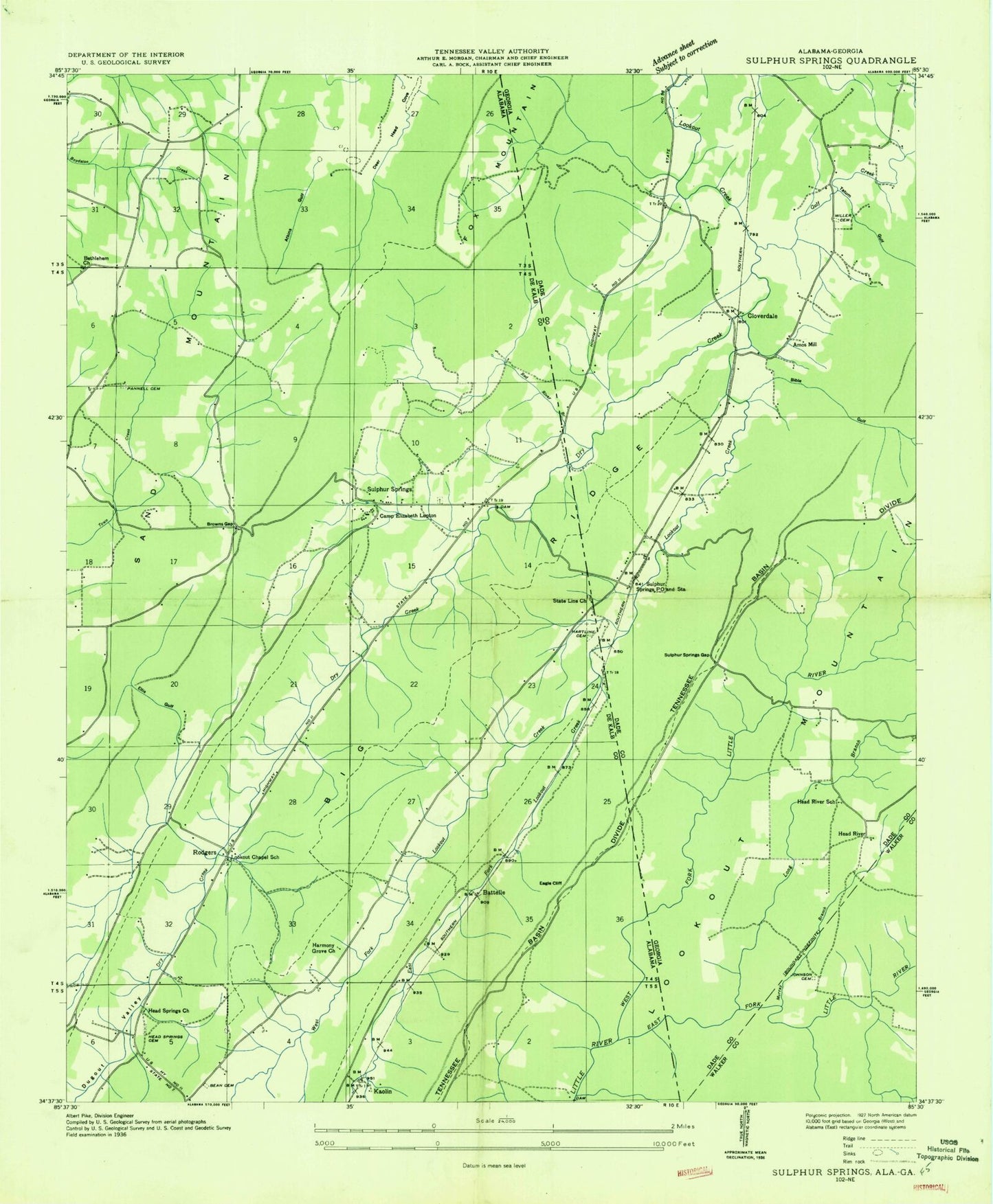 Classic USGS Sulphur Springs Alabama 7.5'x7.5' Topo Map Image