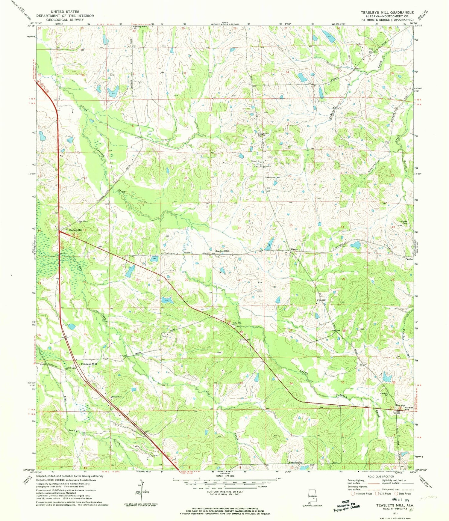 Classic USGS Teasleys Mill Alabama 7.5'x7.5' Topo Map Image