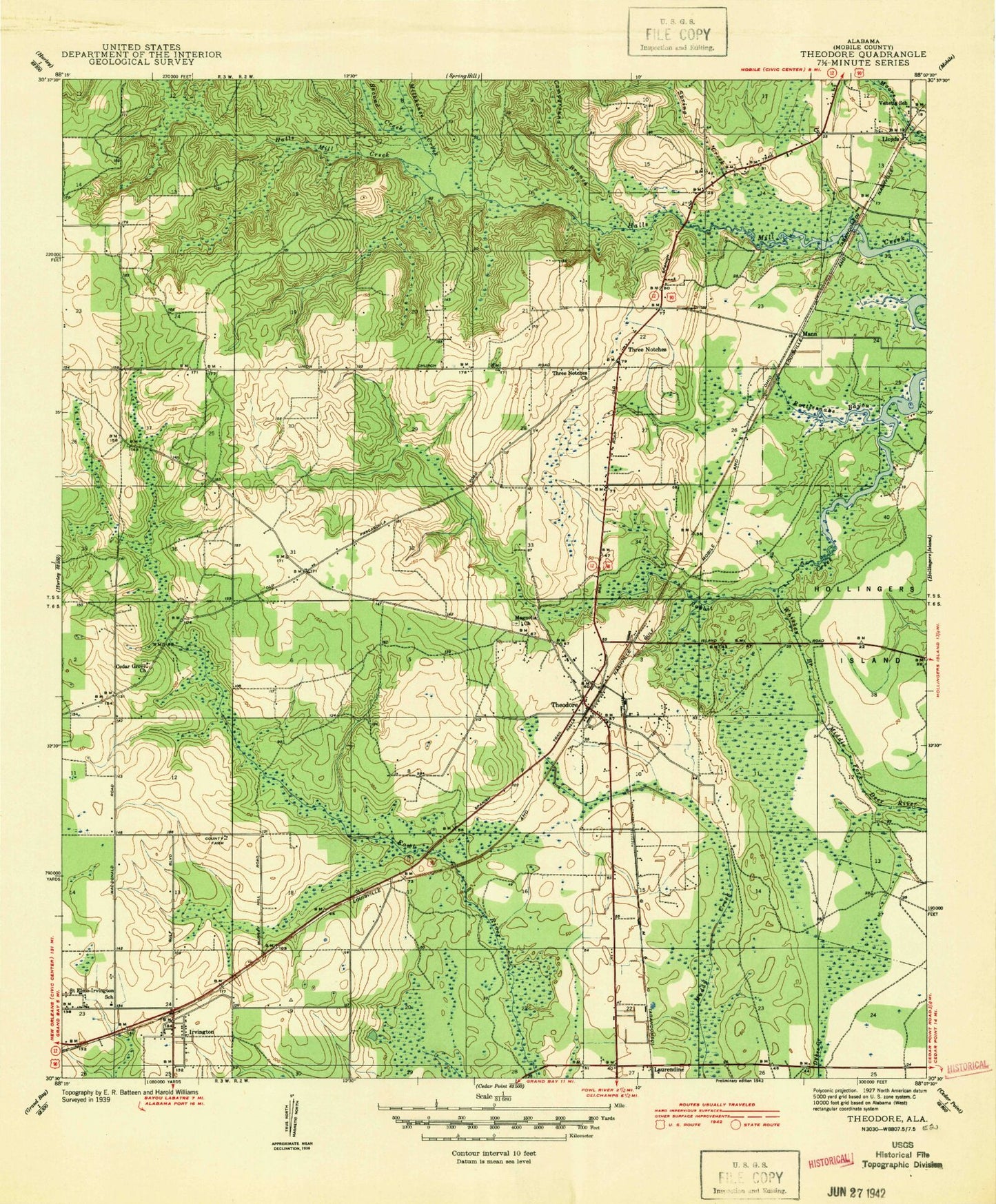 Classic USGS Theodore Alabama 7.5'x7.5' Topo Map Image