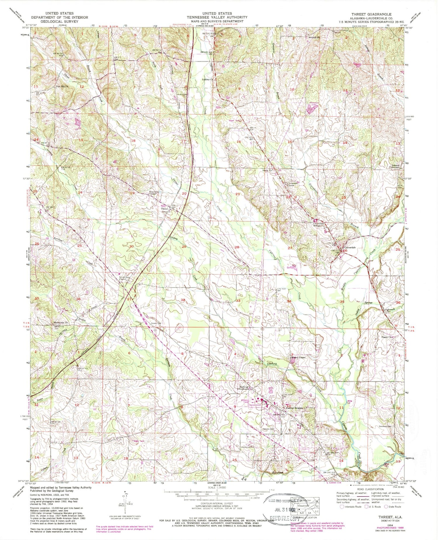 Classic USGS Threet Alabama 7.5'x7.5' Topo Map Image