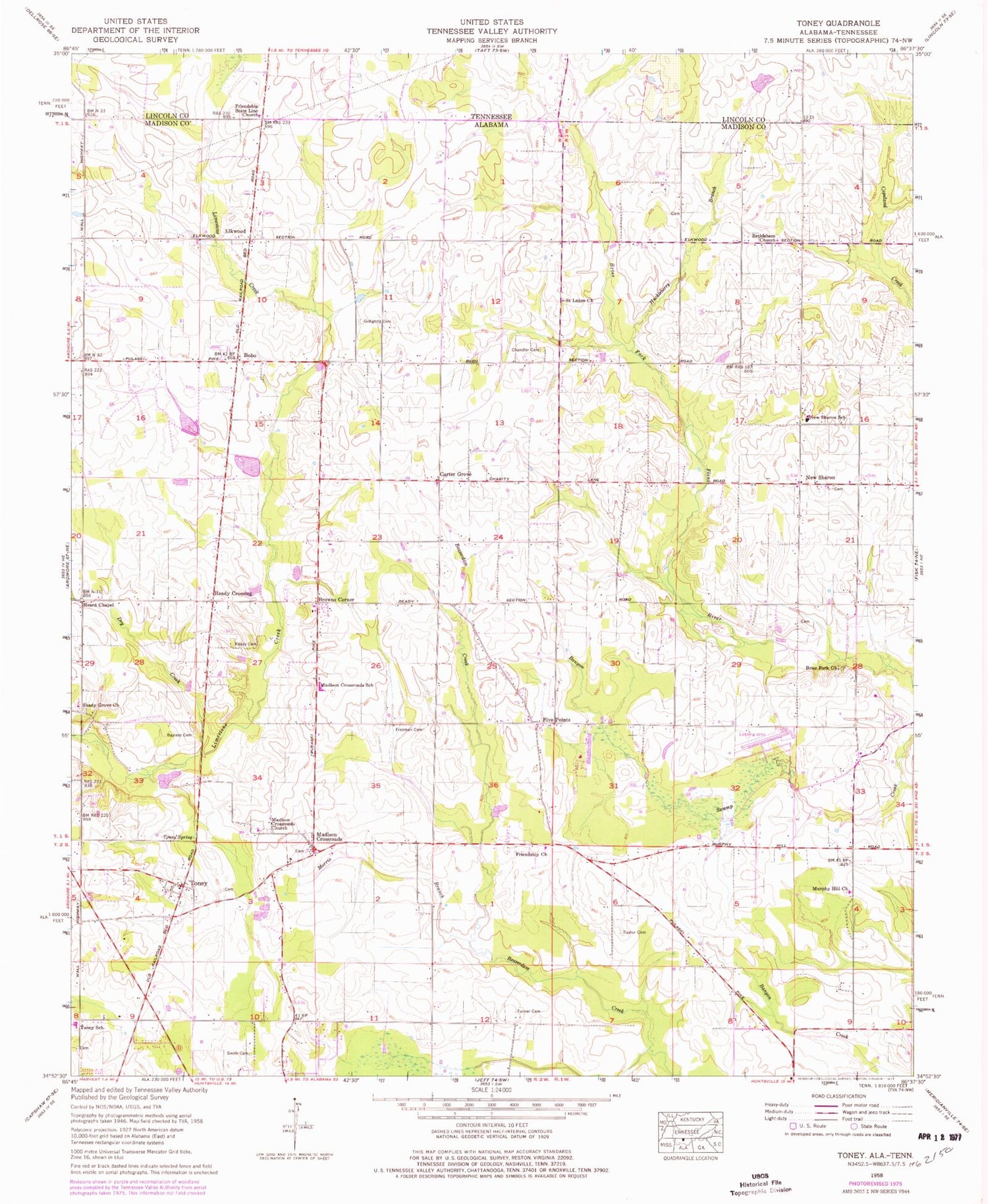 Classic USGS Toney Alabama 7.5'x7.5' Topo Map Image