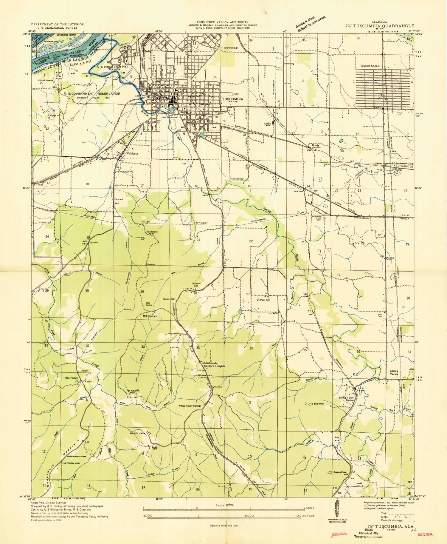 Classic USGS Tuscumbia Alabama 7.5'x7.5' Topo Map Image