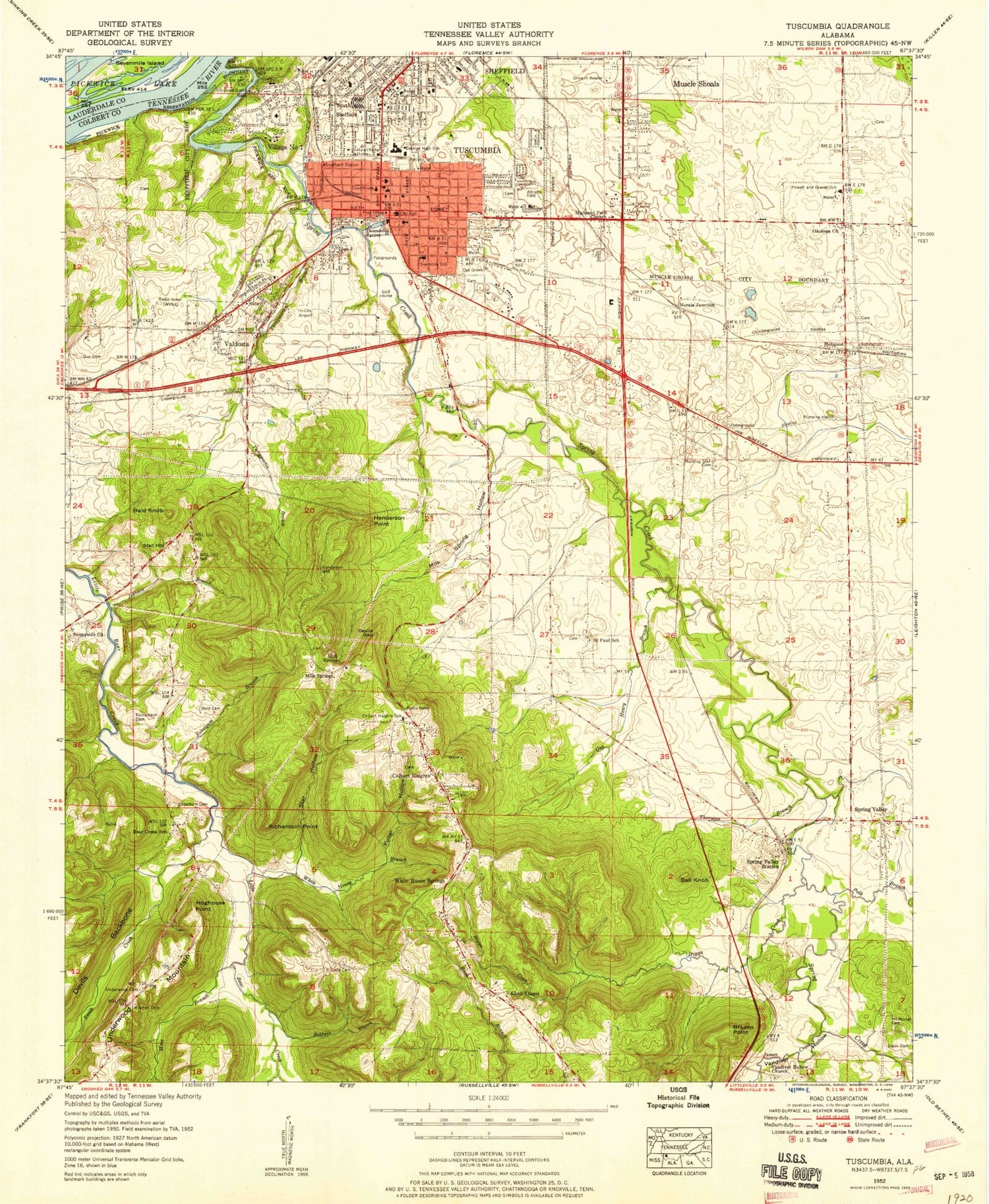 Classic USGS Tuscumbia Alabama 7.5'x7.5' Topo Map Image