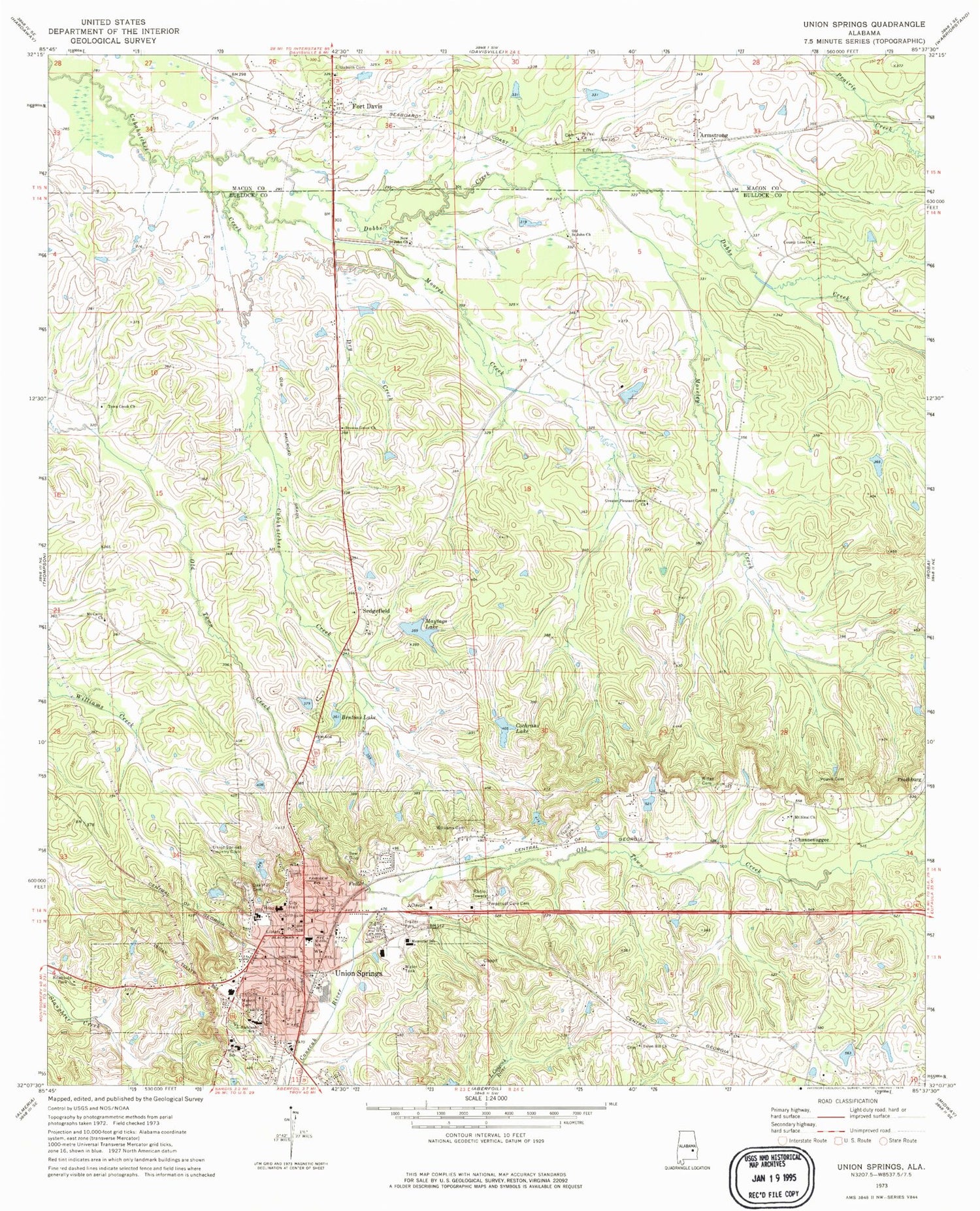 Classic USGS Union Springs Alabama 7.5'x7.5' Topo Map Image
