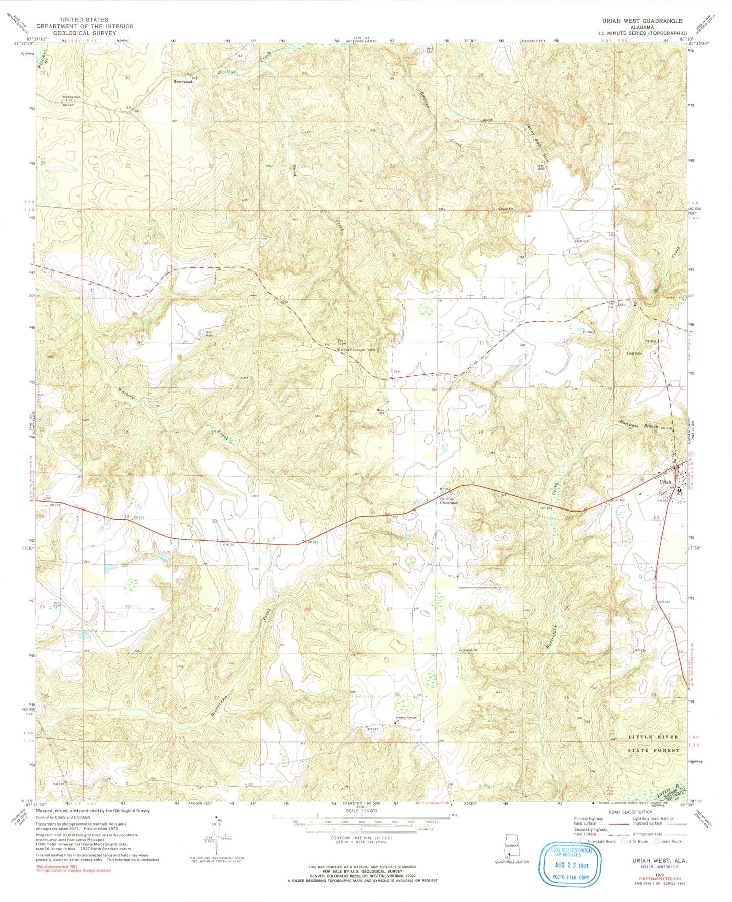 Classic USGS Uriah West Alabama 7.5'x7.5' Topo Map Image
