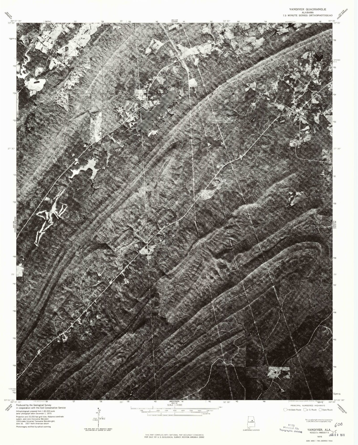 Classic USGS Vandiver Alabama 7.5'x7.5' Topo Map Image