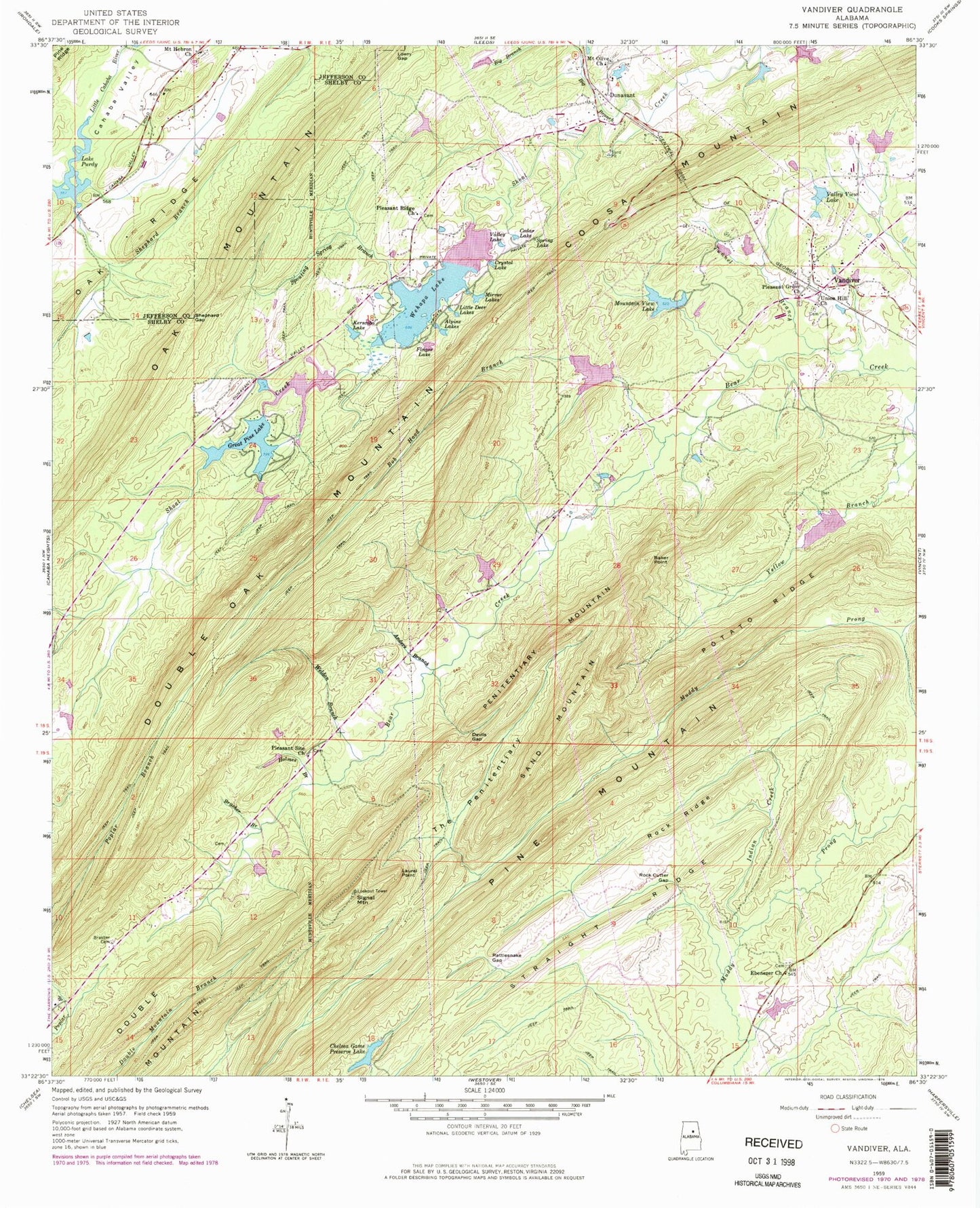 Classic USGS Vandiver Alabama 7.5'x7.5' Topo Map Image