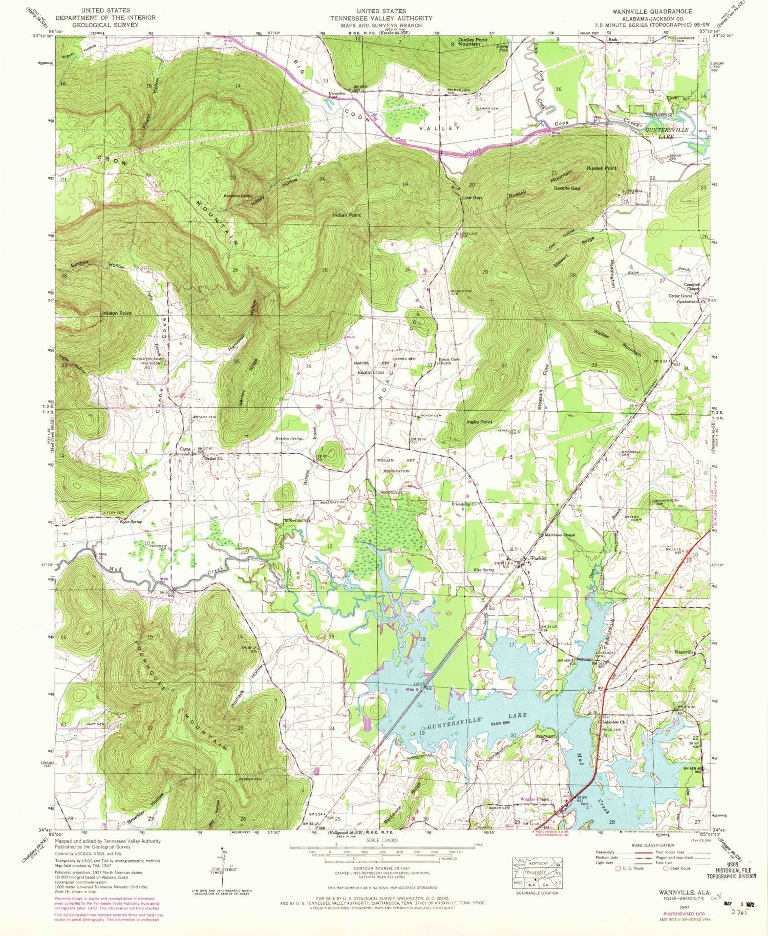 Classic USGS Wannville Alabama 7.5'x7.5' Topo Map Image