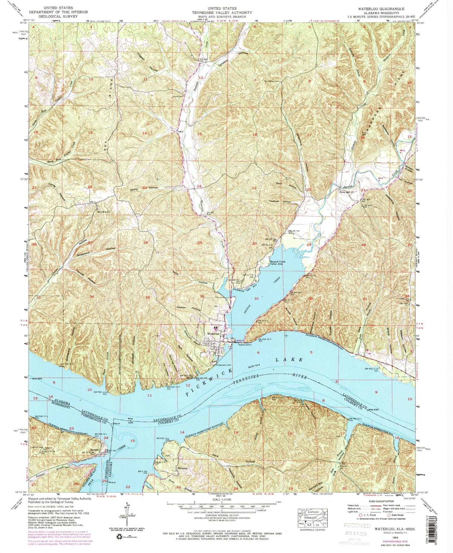 Classic USGS Waterloo Alabama 7.5'x7.5' Topo Map Image