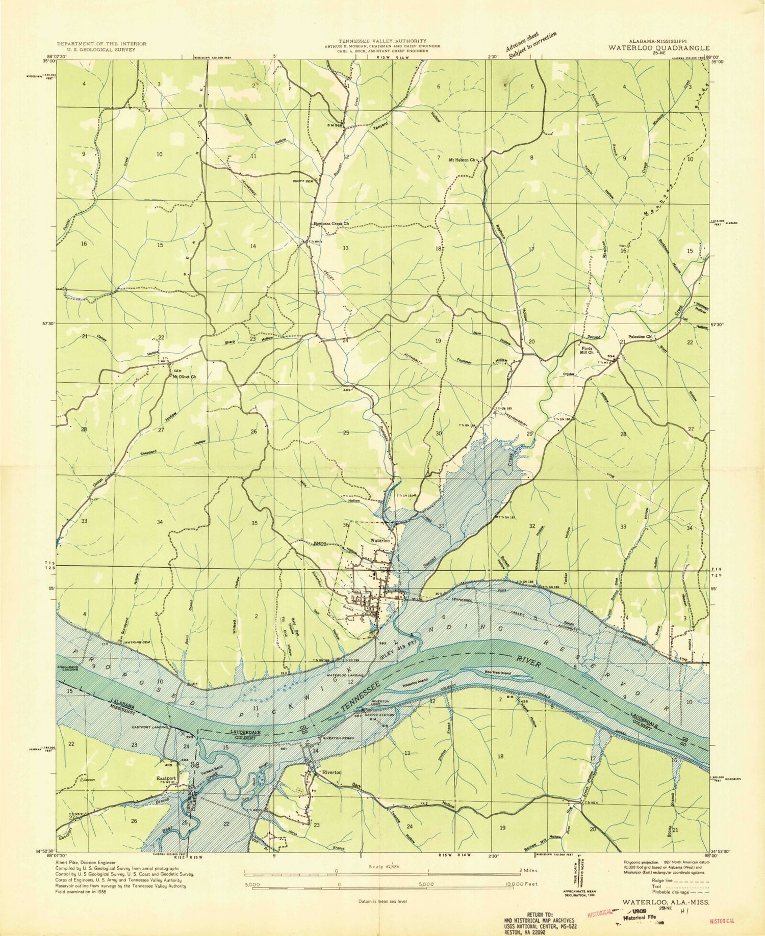 Classic USGS Waterloo Alabama 7.5'x7.5' Topo Map Image