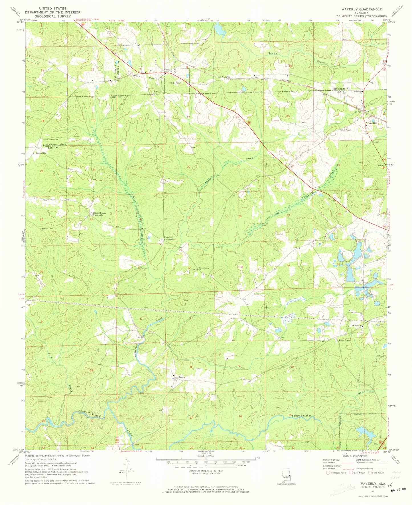 Classic USGS Waverly Alabama 7.5'x7.5' Topo Map Image