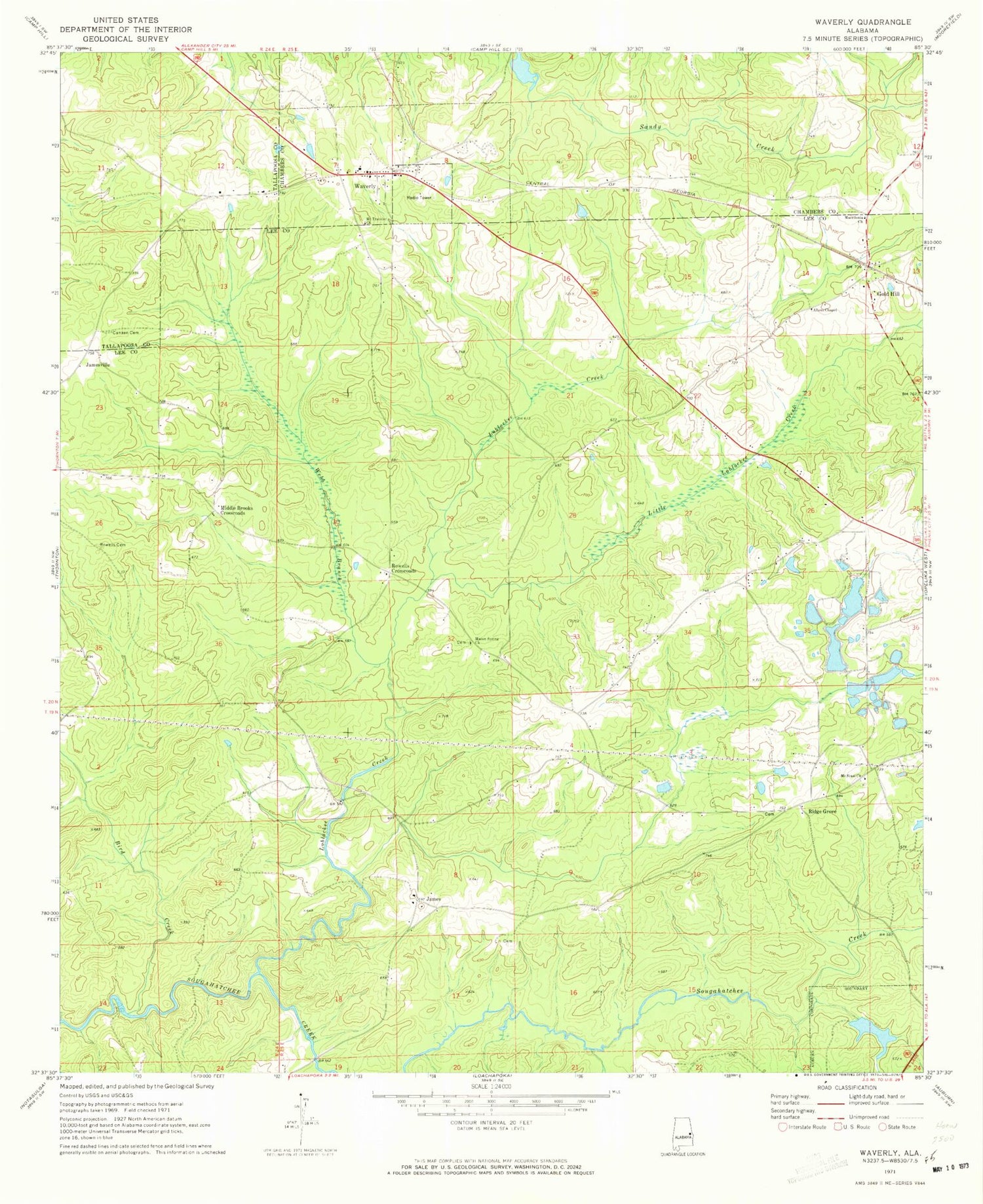 Classic USGS Waverly Alabama 7.5'x7.5' Topo Map Image