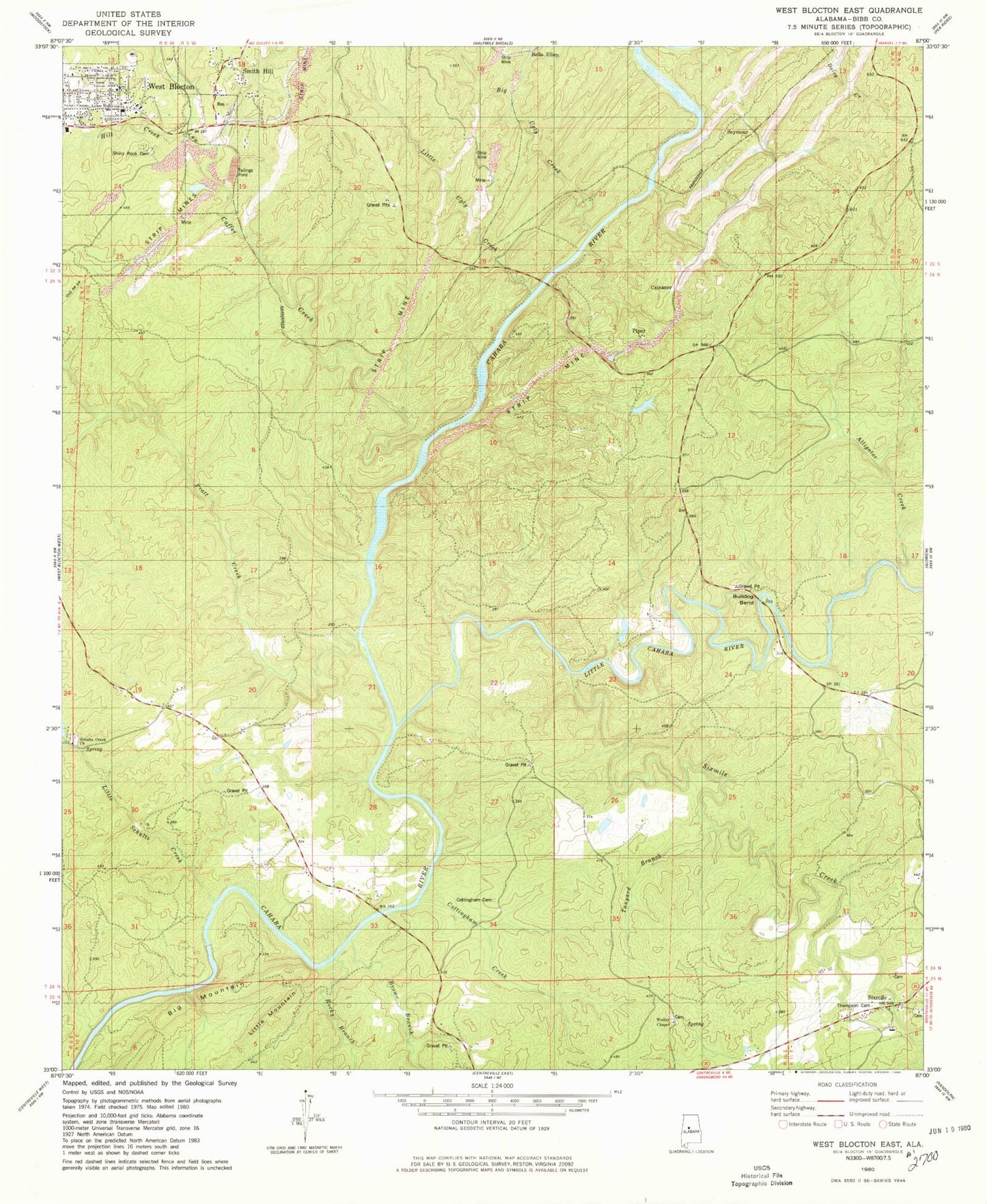 Classic USGS West Blocton East Alabama 7.5'x7.5' Topo Map Image