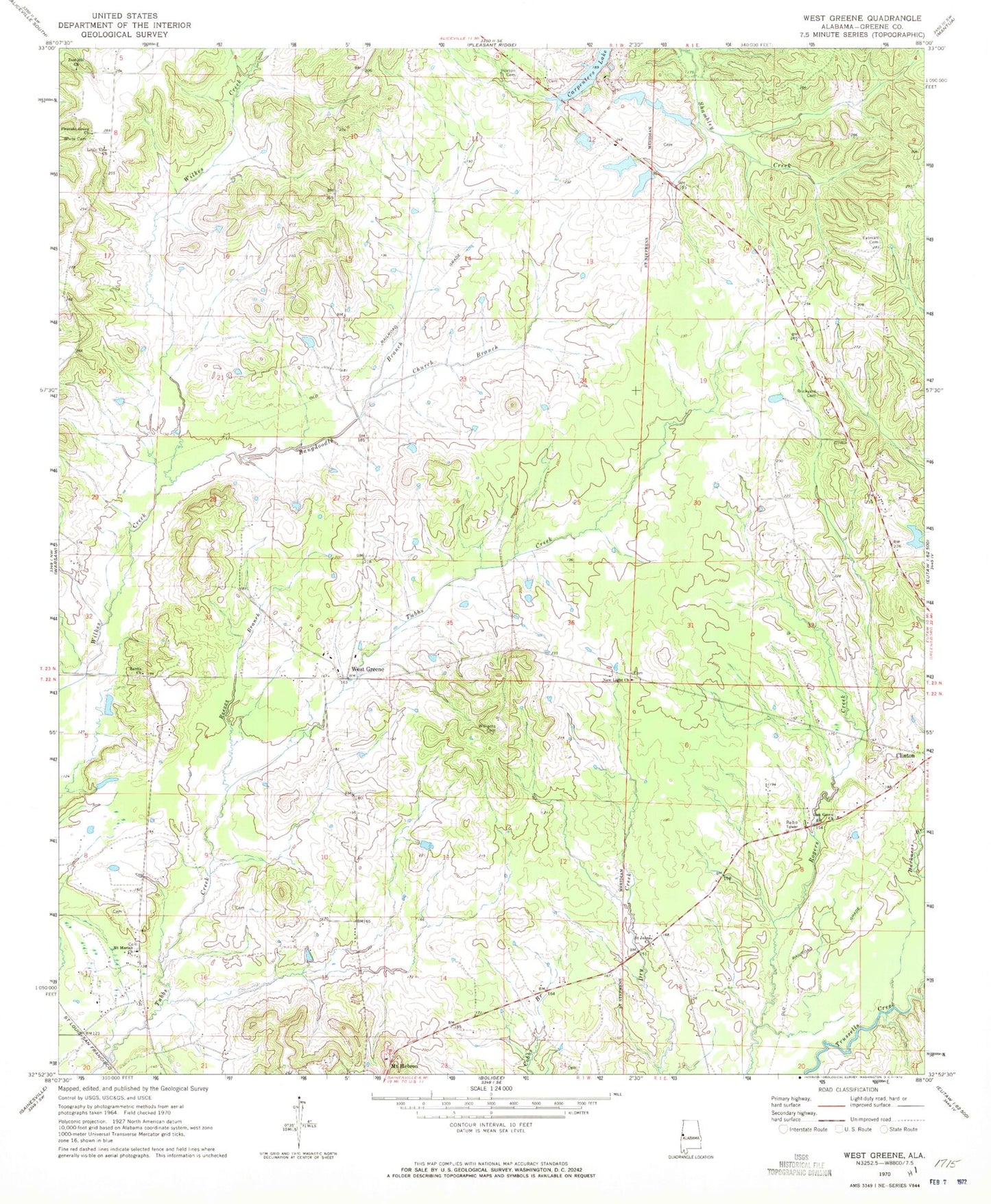 Classic USGS West Greene Alabama 7.5'x7.5' Topo Map Image