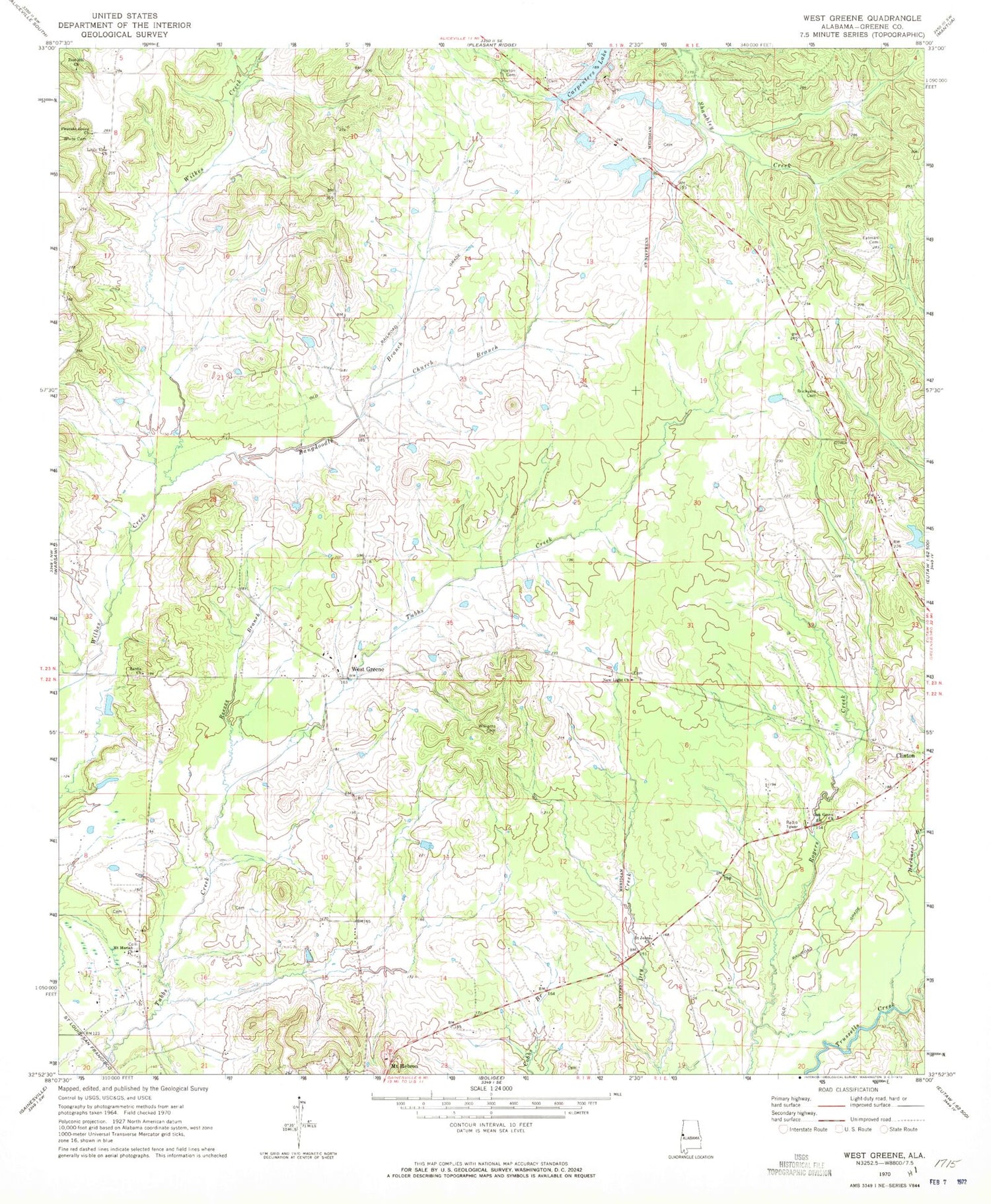 Classic USGS West Greene Alabama 7.5'x7.5' Topo Map Image