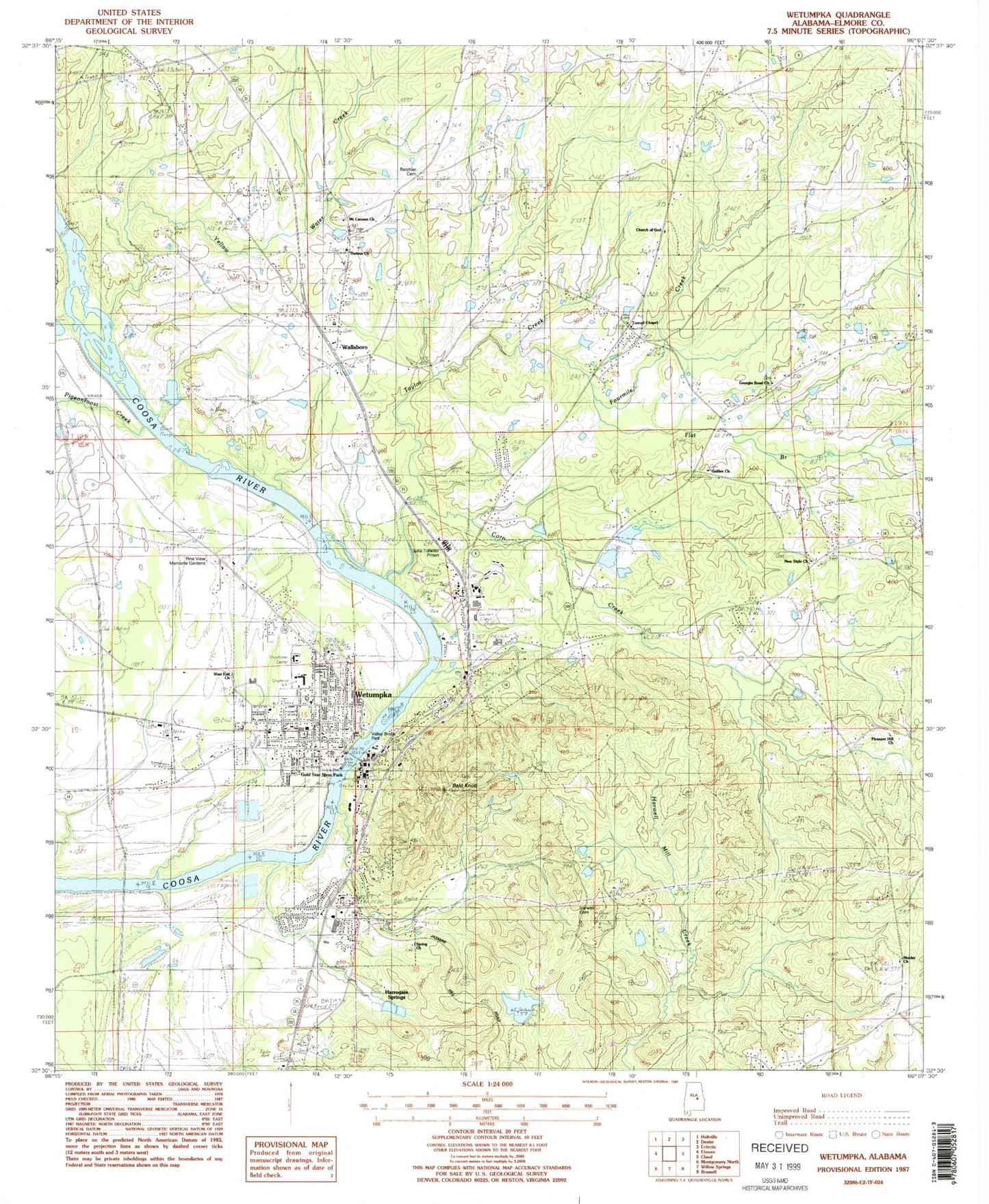 Classic USGS Wetumpka Alabama 7.5'x7.5' Topo Map Image